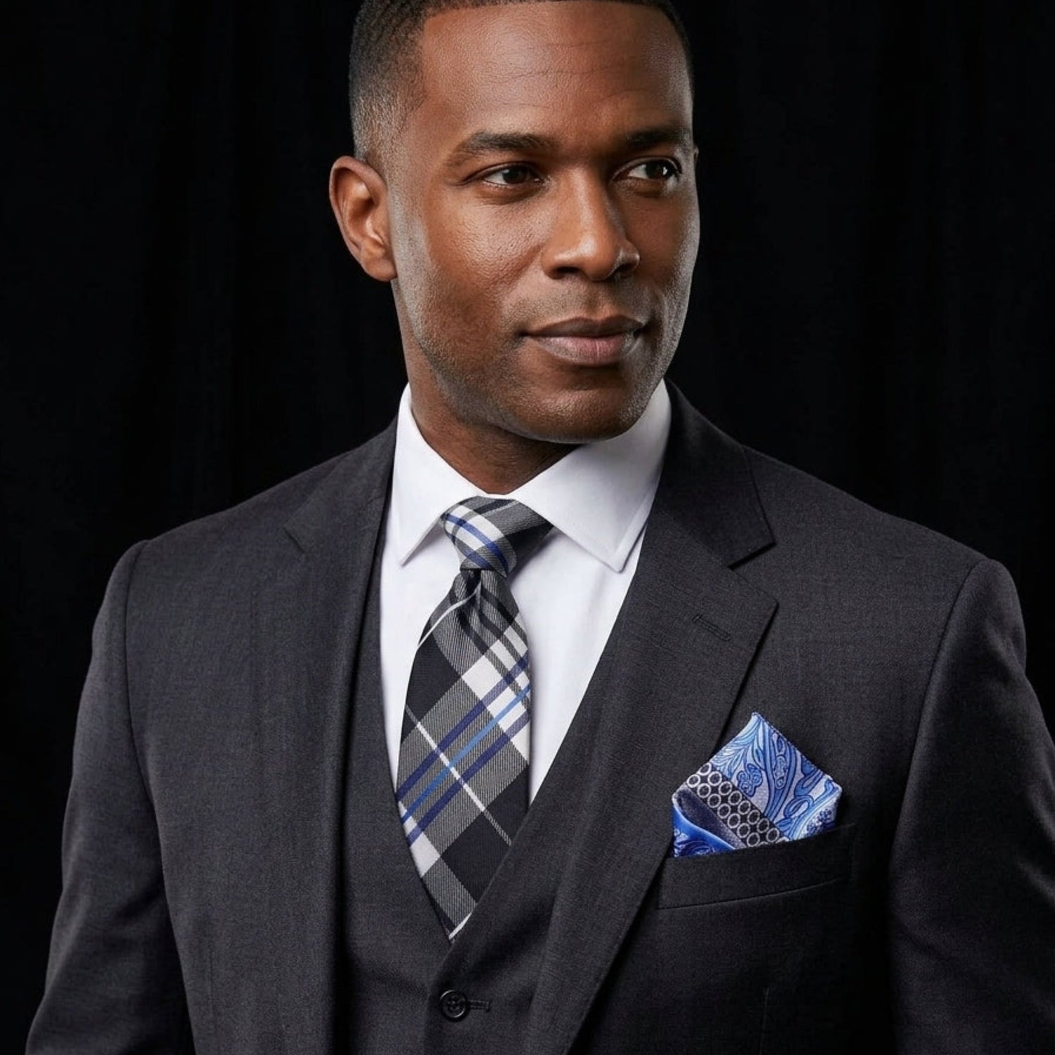 Black & Light Grey Plaid Necktie with Royal Blue Accents