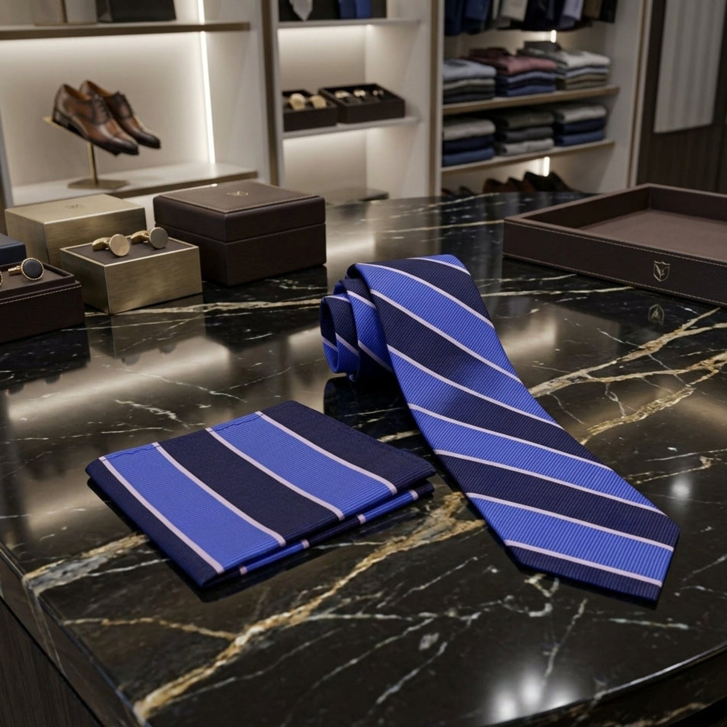 Blue Stripe Tie and square