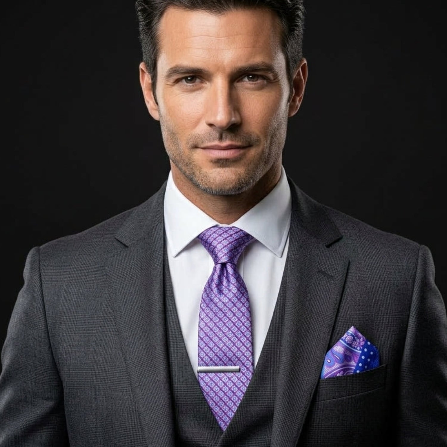purple pink and blue geometric tie and accenting square on man