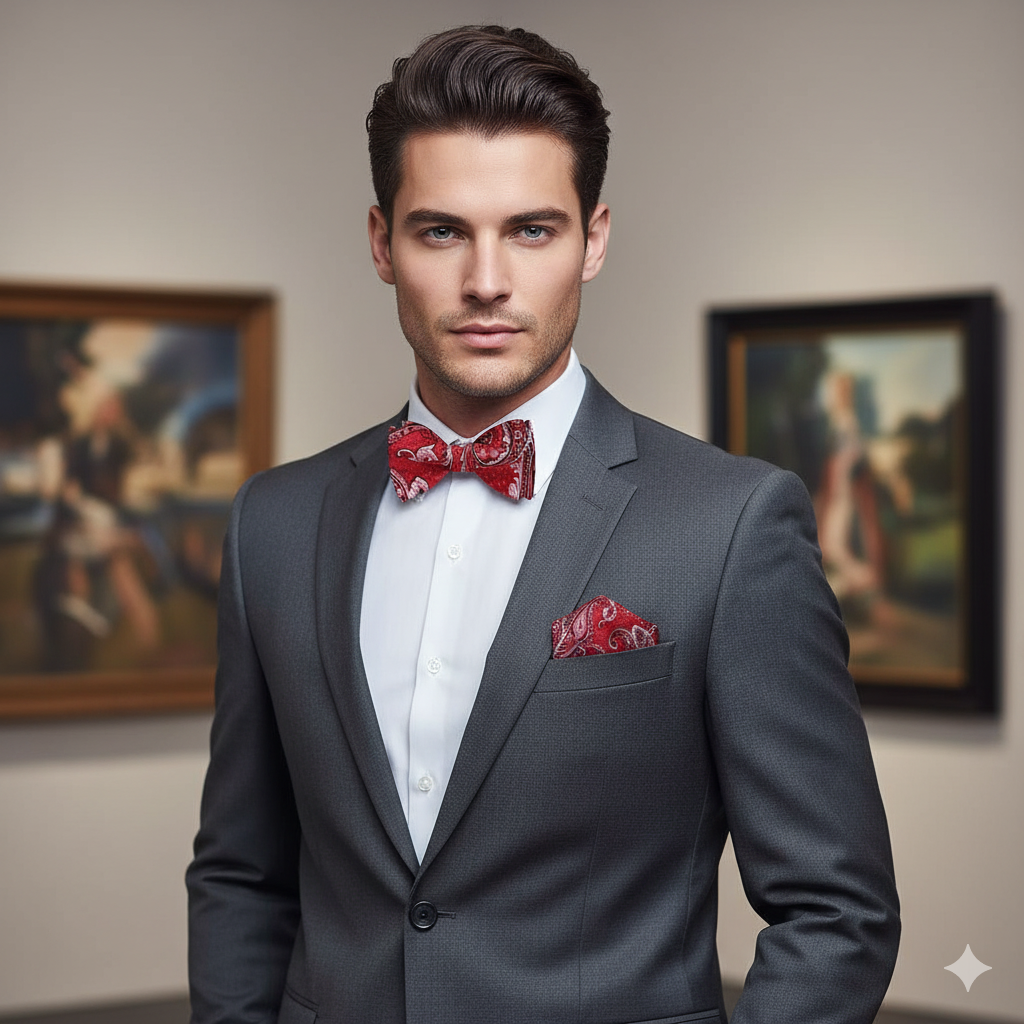 Man in a gray suit with a red bow tie and pocket square in an art gallery setting