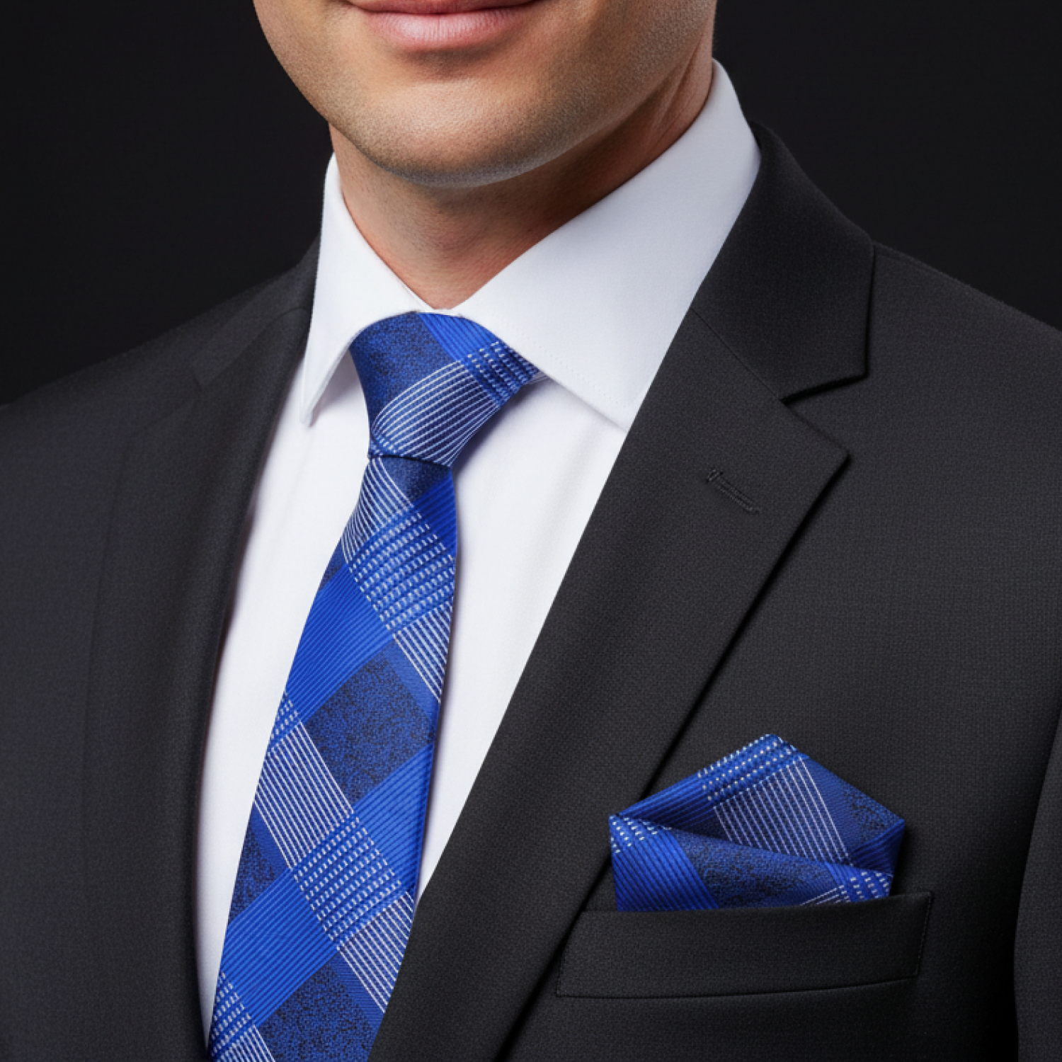 Man wearing a black suit with a blue plaid tie and pocket square against a dark background