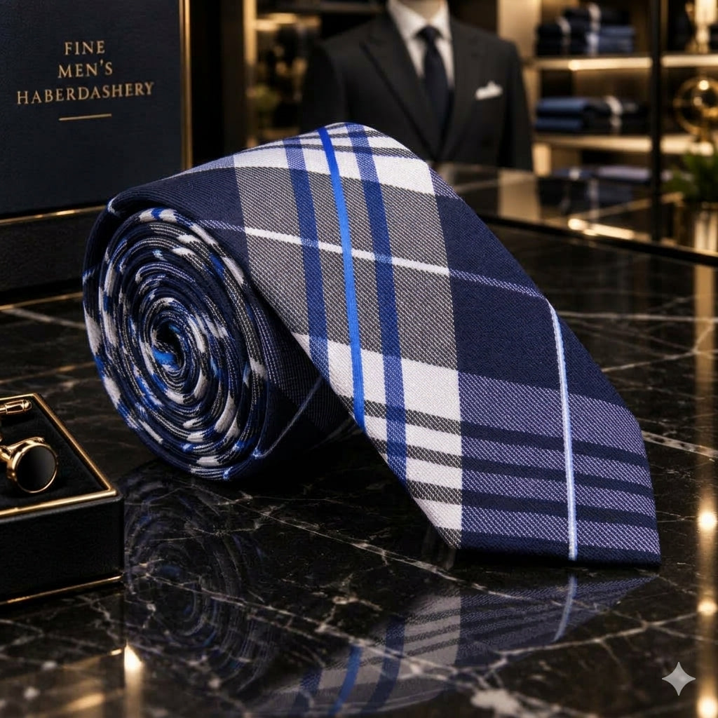 blue white plaid thin tie
