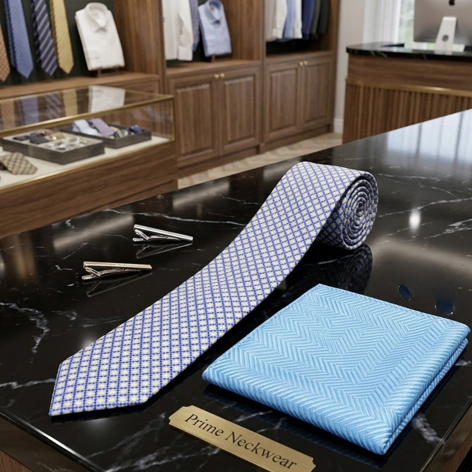 A men's necktie and matching pocket square set displayed on a black marble counter in a jewelry or clothing boutique. The tie is light blue with a white geometric pattern, and the pocket square has a light blue and white herringbone pattern.