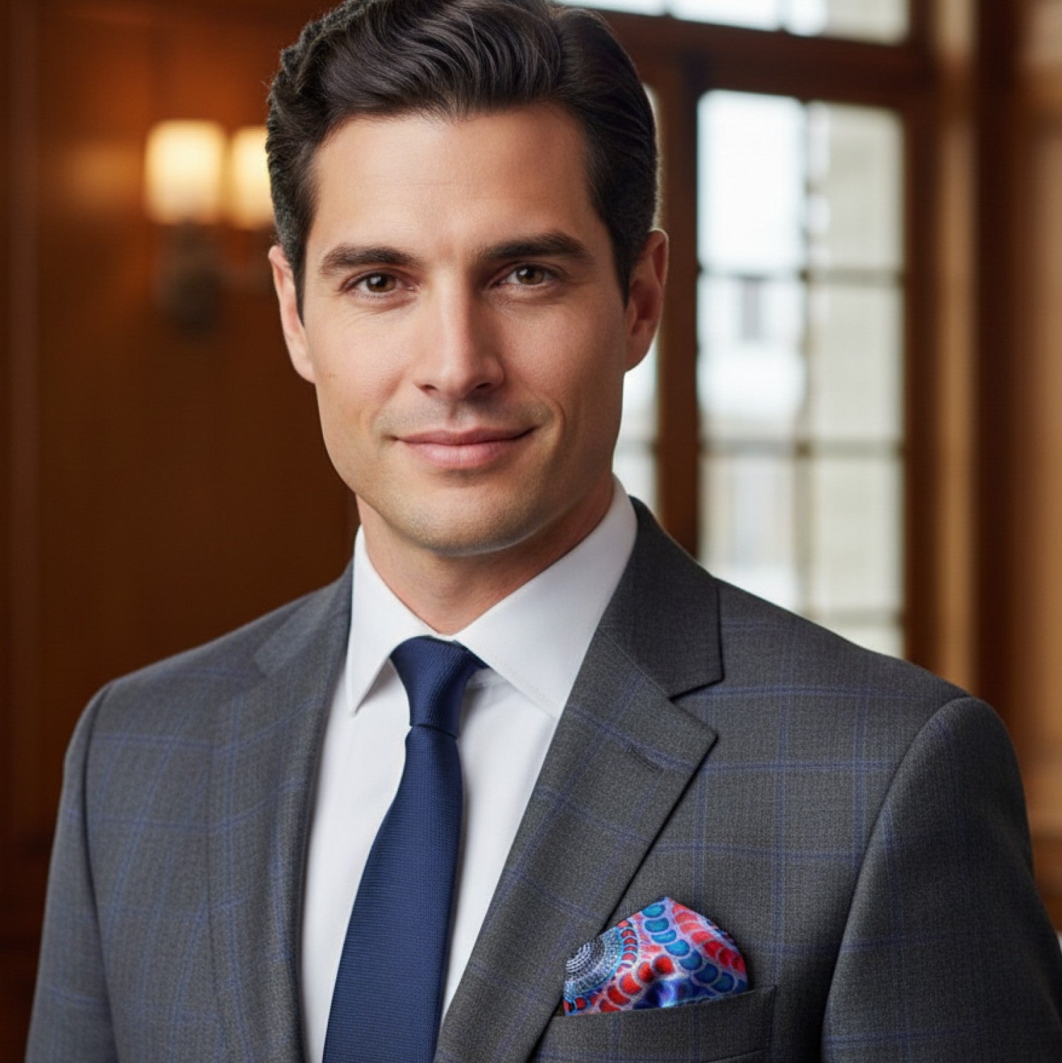 Man wearing plaid suit with blue tie and red blue abstract square
