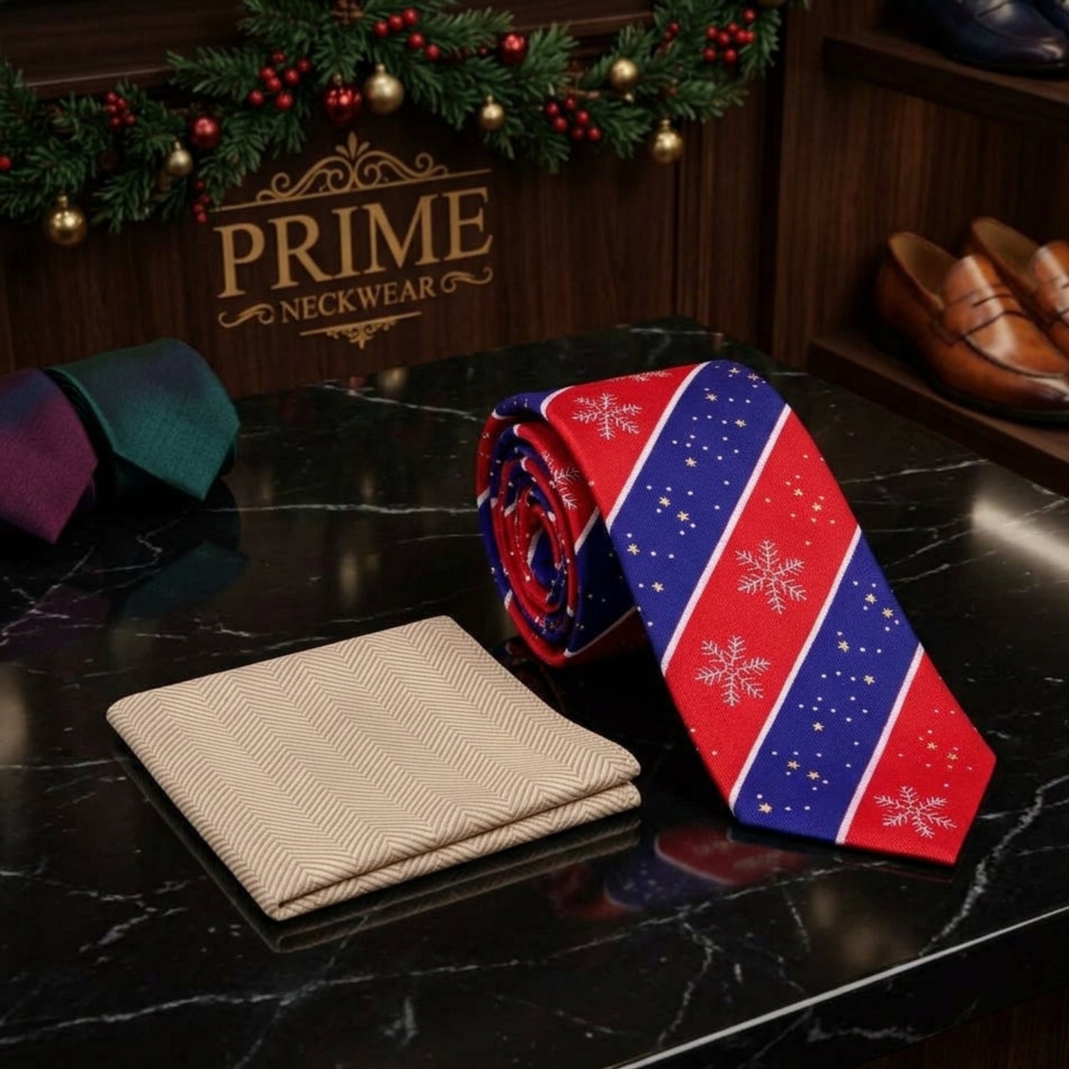 A festive necktie and matching pocket square set displayed on a black marble surface. The necktie features diagonal red and blue stripes with white snowflakes and small gold stars, while the pocket square is a beige herringbone pattern.