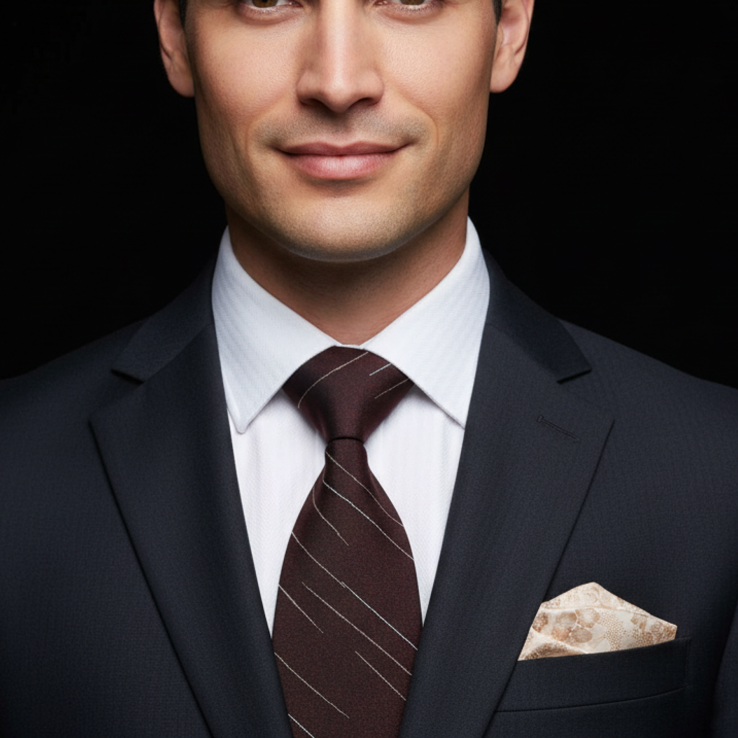 Brown lined necktie and accenting light brown floral square on man