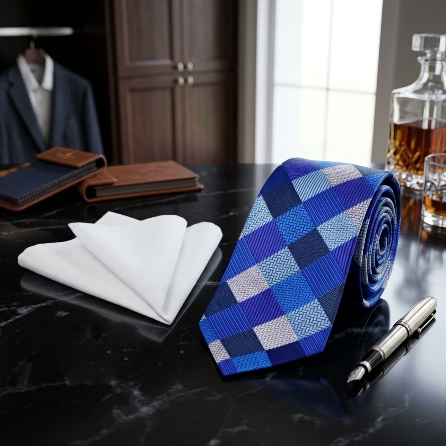 Alt View: A Blue, Light Blue Color Checker Pattern Necktie, Grey Pocket Square