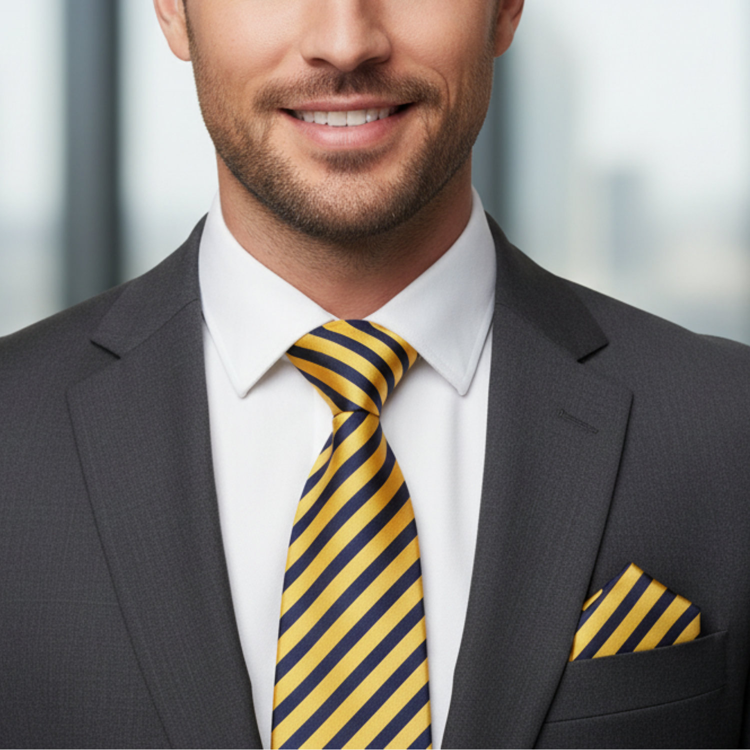 Man wearing a suit with a yellow and black striped tie in an office setting