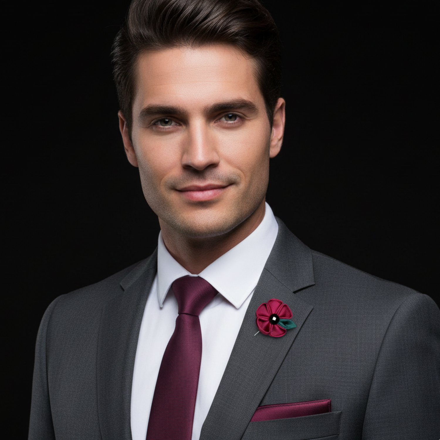 Man wearing a gray suit with a red tie and pocket square and red and green flower on a black background