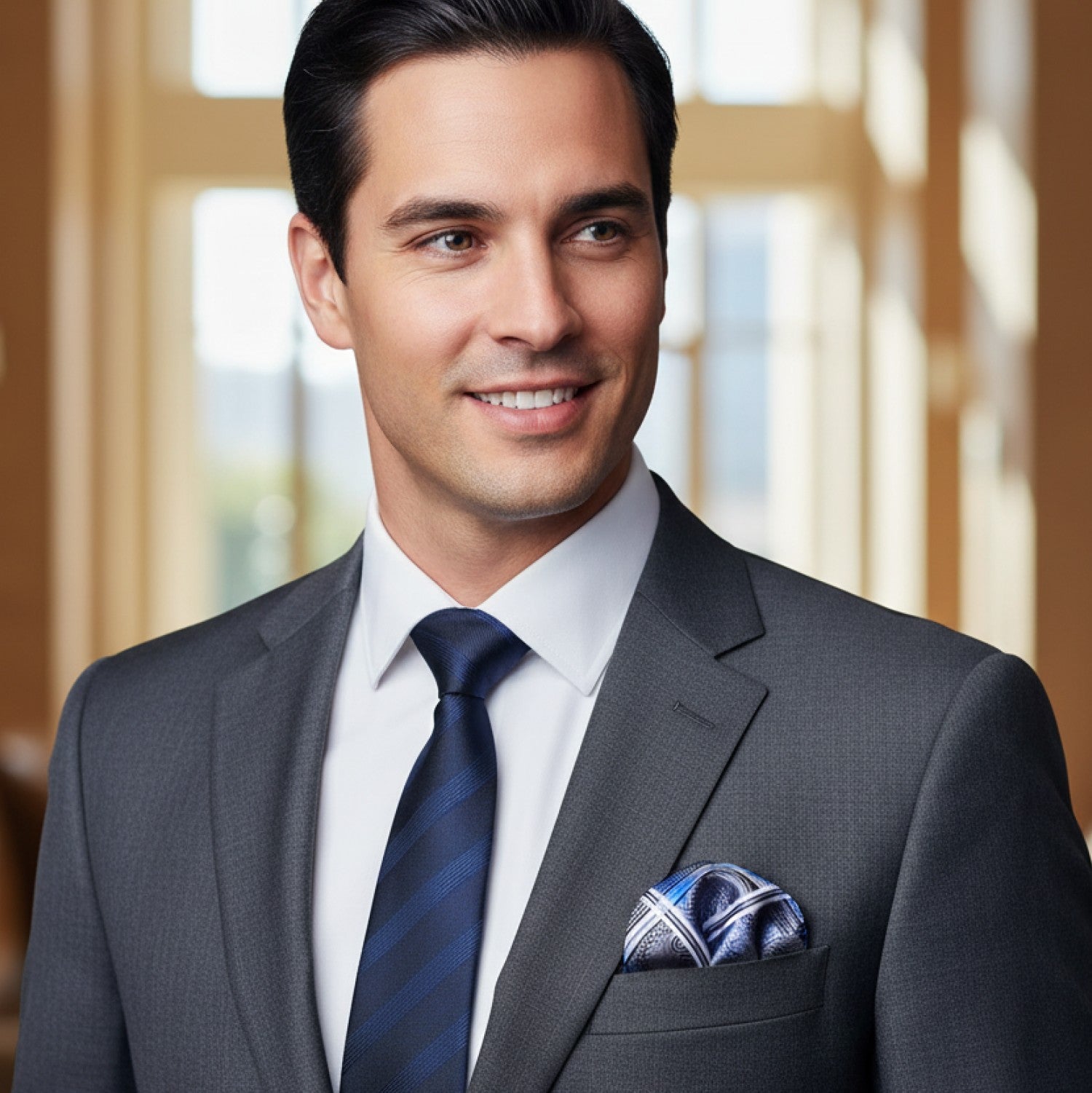 Man wearing a gray suit with a blue tie and pocket square, standing in front of a blurred indoor background.