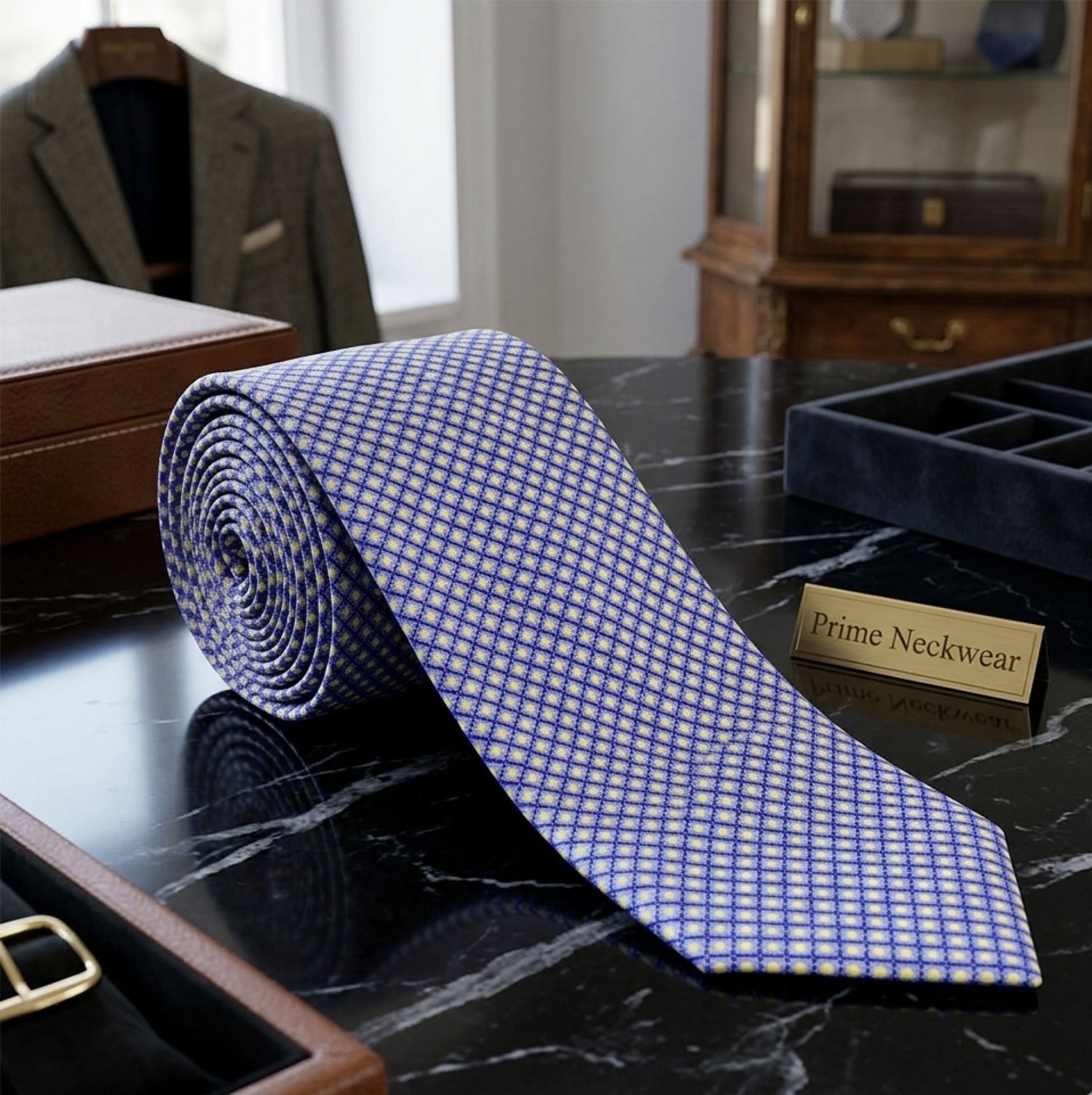 A rolled blue necktie with a small white geometric pattern, displayed on a black marble desk alongside a gold 'Prime Neckwear' plaque and a suit jacket on a hanger in the background.