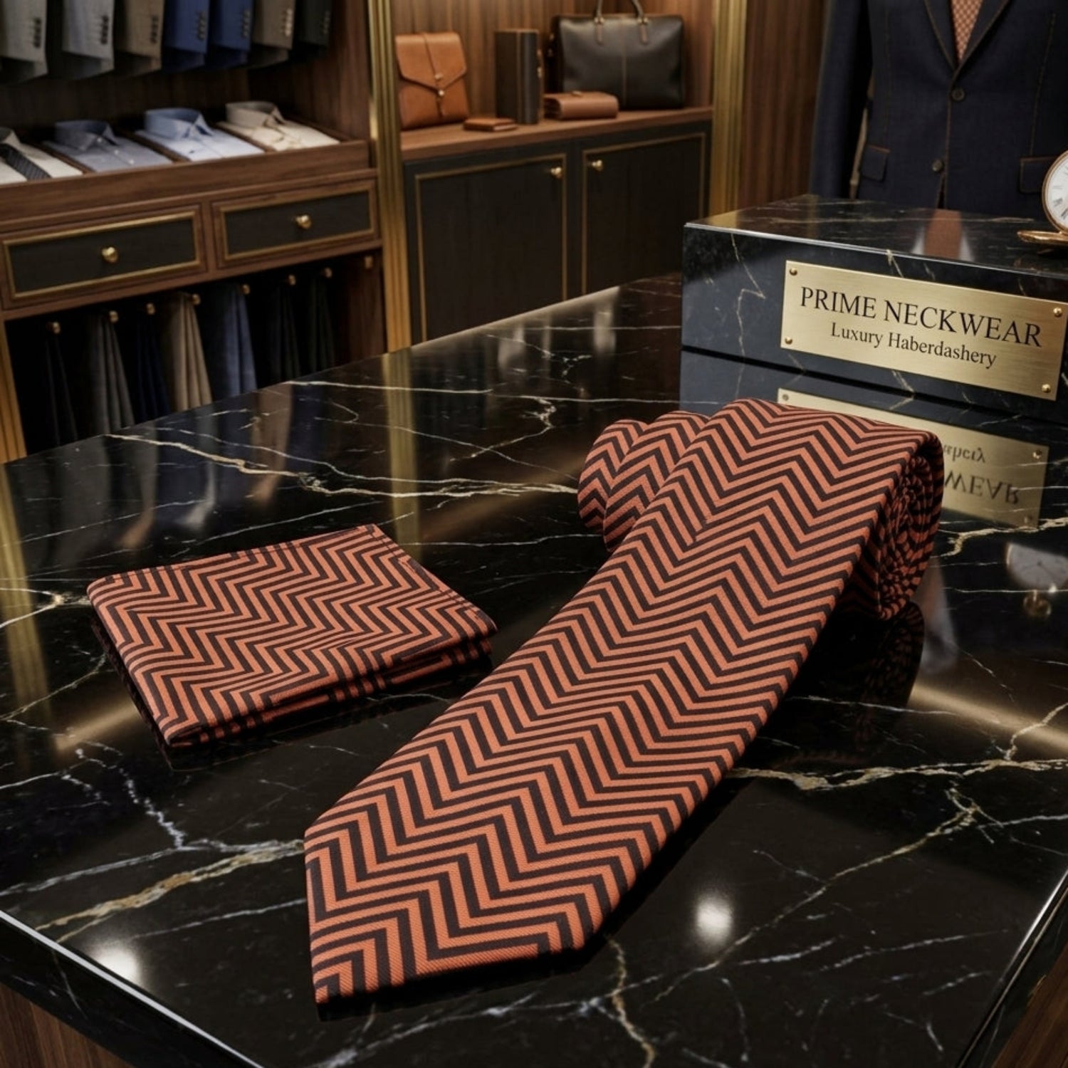 A patterned necktie and matching pocket square displayed on a black marble counter in a luxury dressing room setting. The tie and pocket square feature a rust-orange and dark brown chevron pattern.