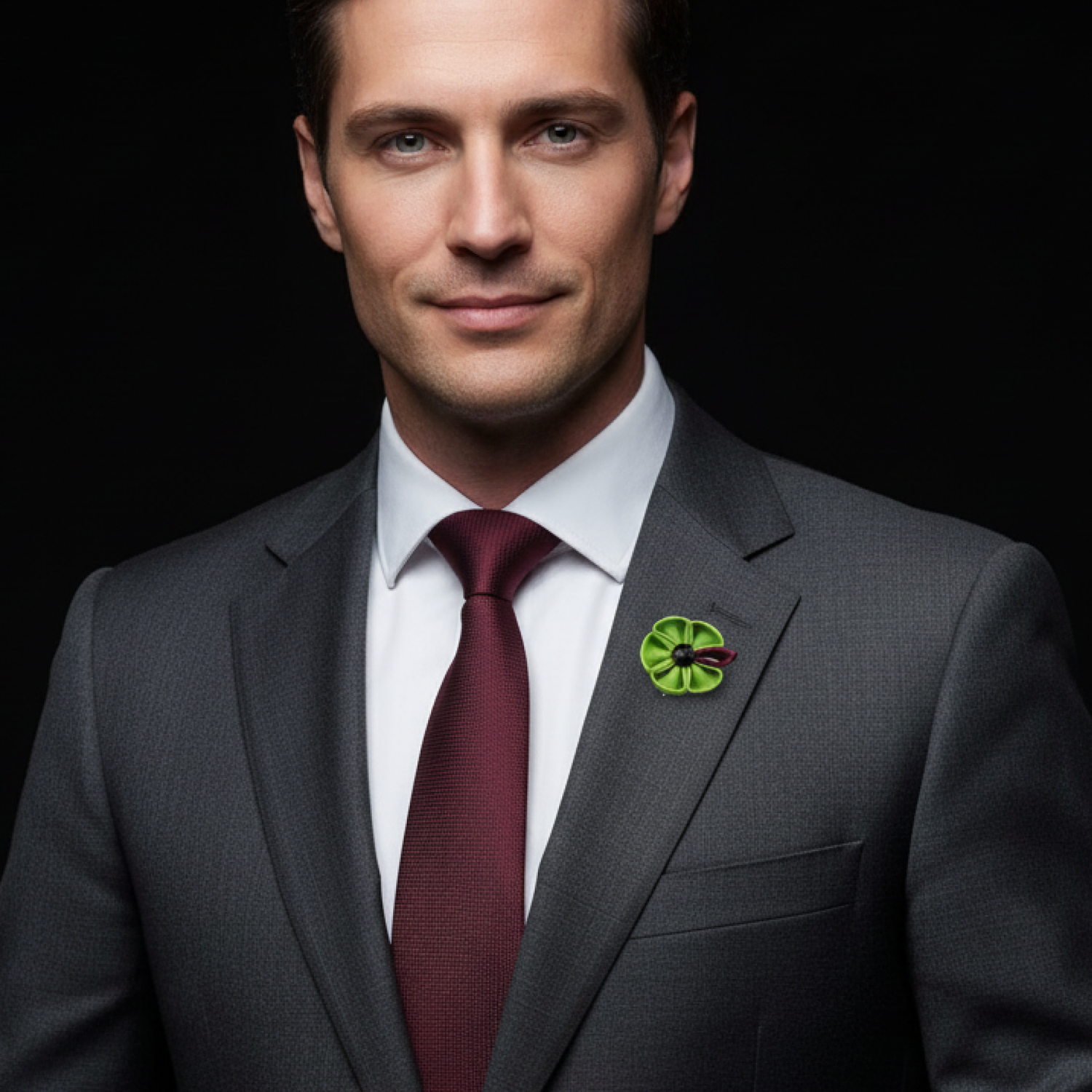 Man wearing a gray suit with a red tie and green boutonniere against a black background