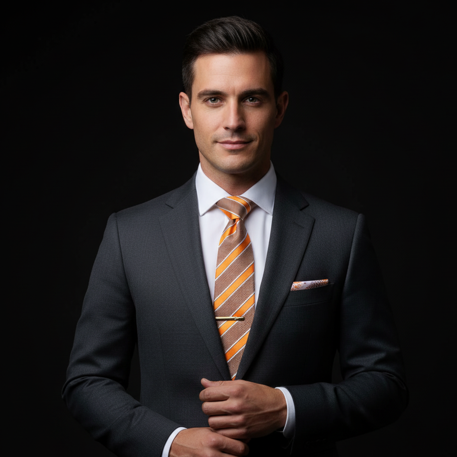 Man wearing a dark suit with an orange striped tie against a black background