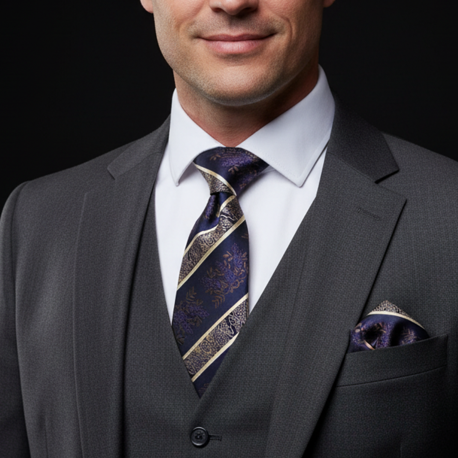 Man wearing a gray suit with a patterned tie and pocket square on a black background