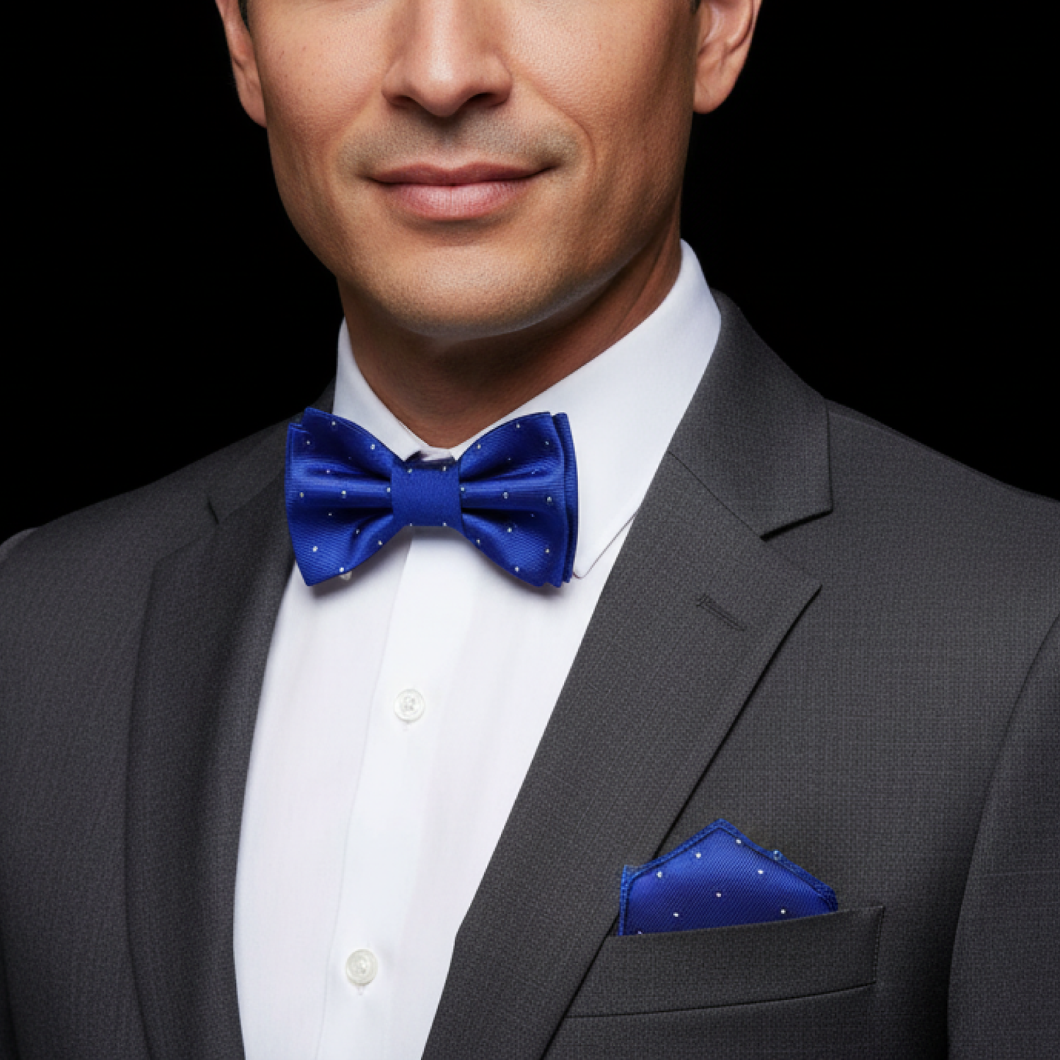 blue floral bow tie and square on man