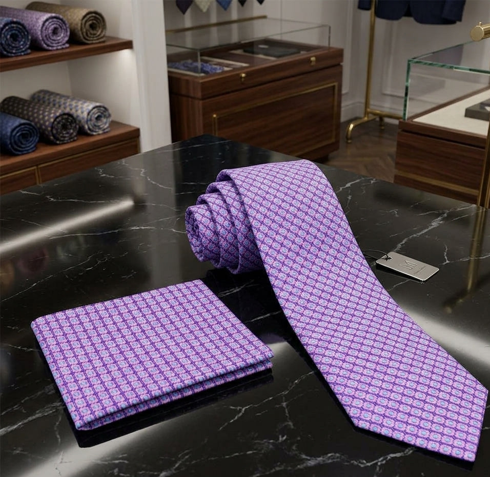 purple pink and blue geometric tie and square