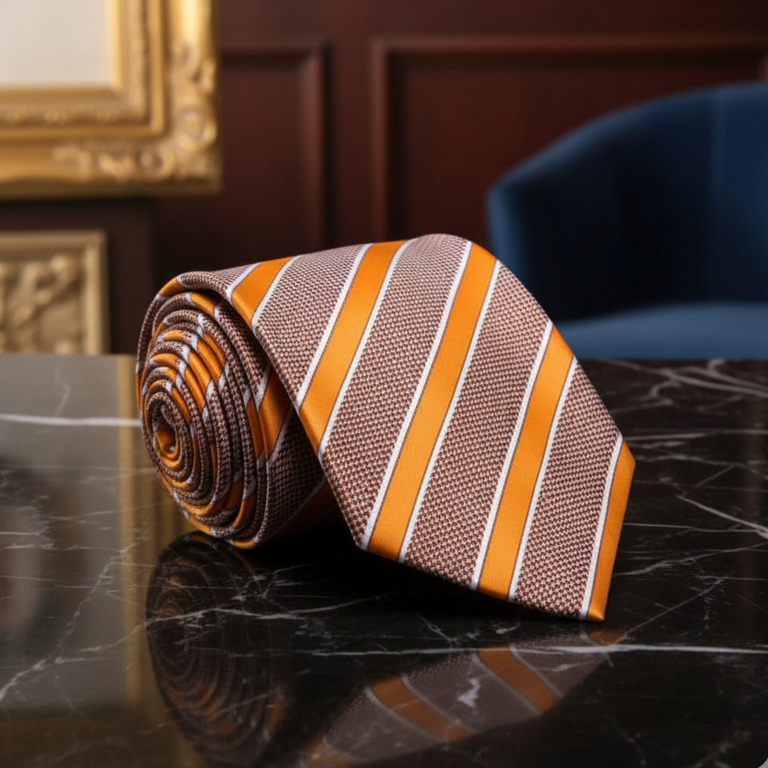 Rolled-up striped tie on a marble surface with decorative background