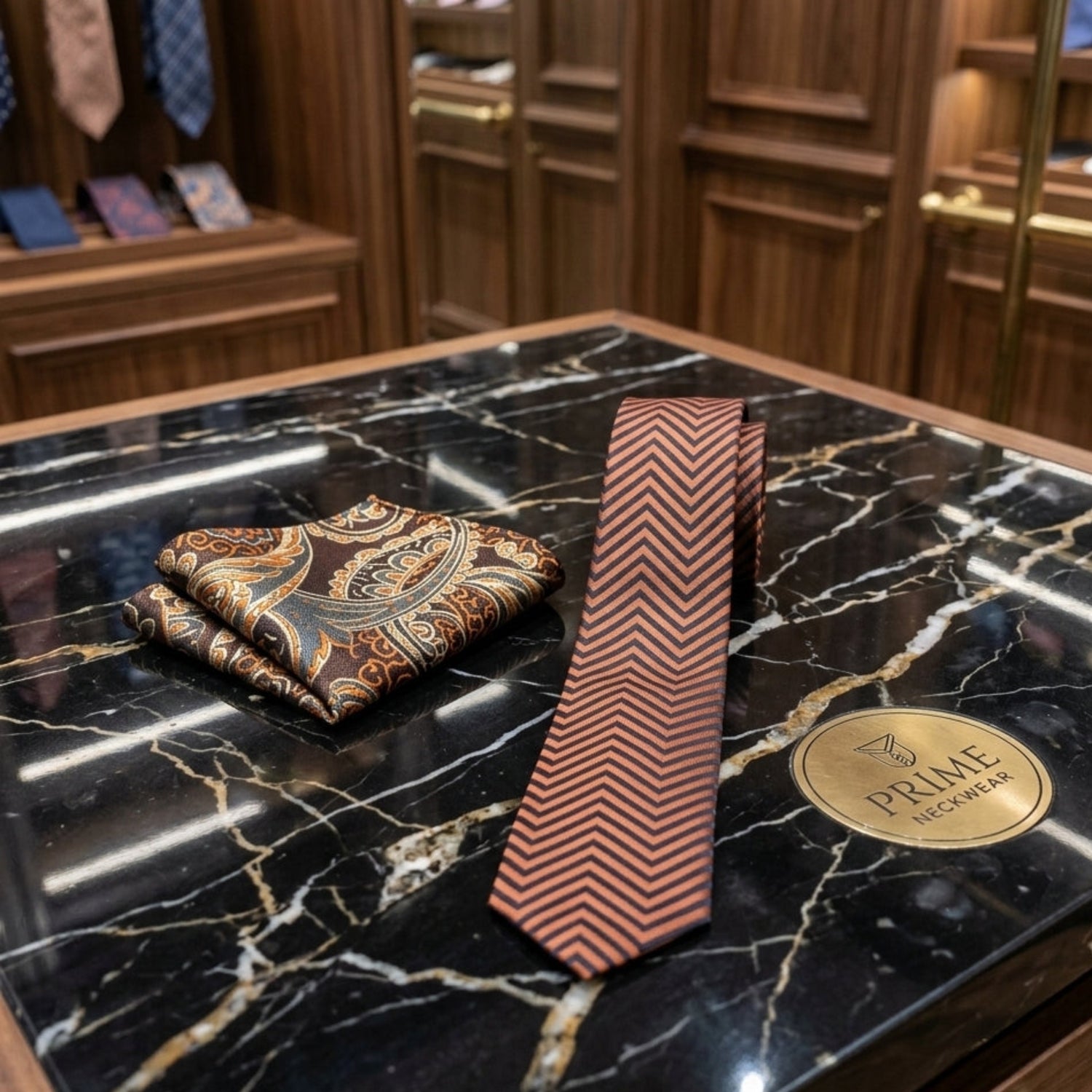A men's necktie and matching pocket square set displayed on a black marble tabletop inside a wood-paneled boutique. The tie has a reddish-brown and dark brown chevron pattern, while the pocket square features a paisley design in gold, brown, and black.