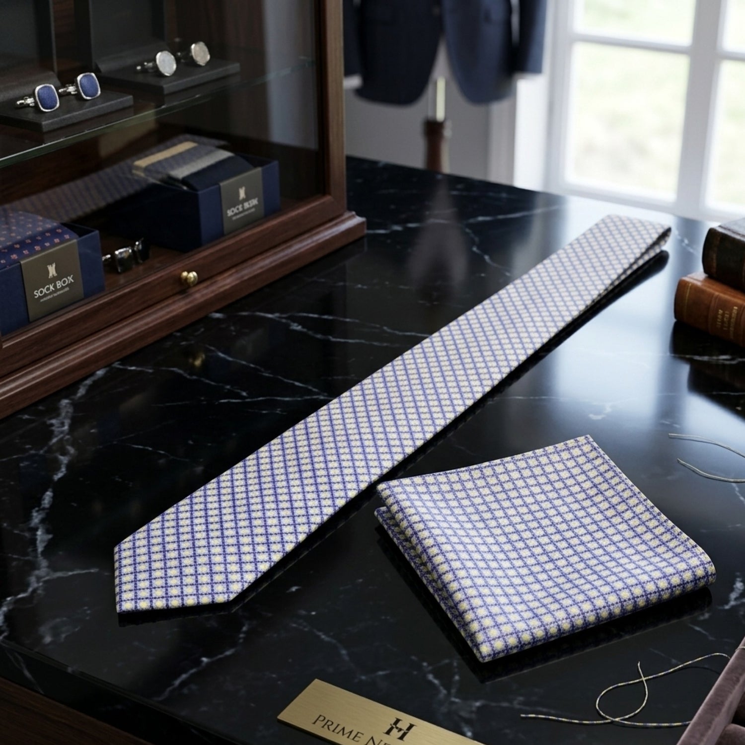 A blue and white patterned necktie and matching pocket square displayed on a black marble desk, with a wooden display case and books in the background.