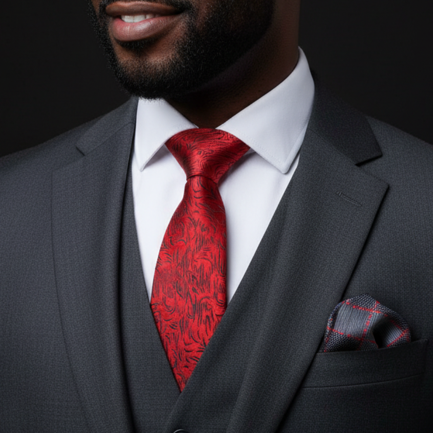 Man wearing a gray suit with a red tie and matching pocket square against a black background