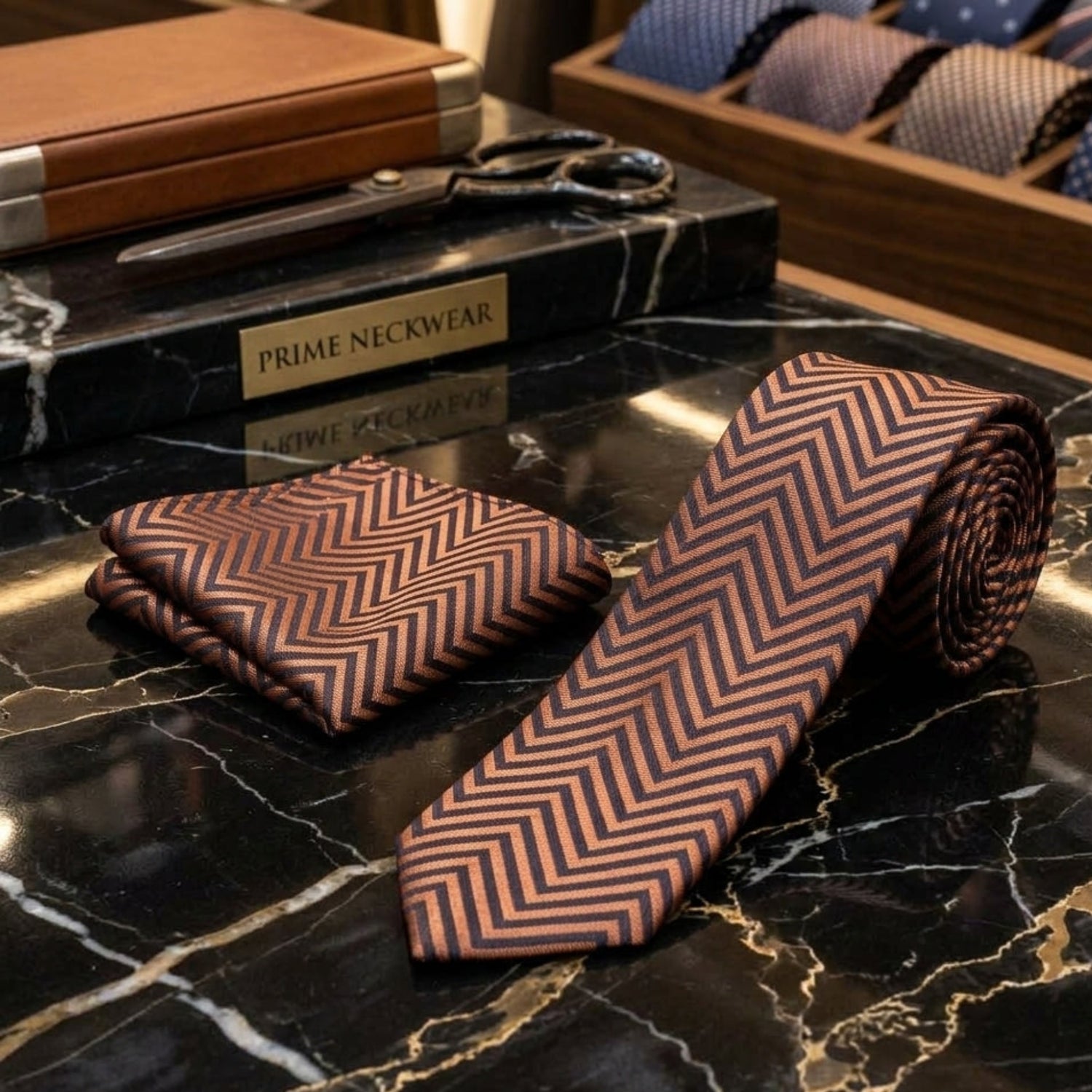 A men's necktie and matching pocket square set with a brown and black chevron pattern, displayed on a black marble surface next to a branded Prime Neckwear sign.