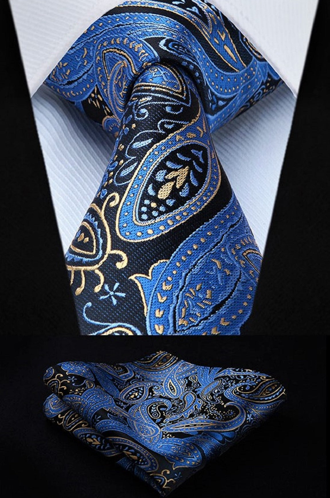 Black, Blue, Yellow Paisley Tie and Matching Square