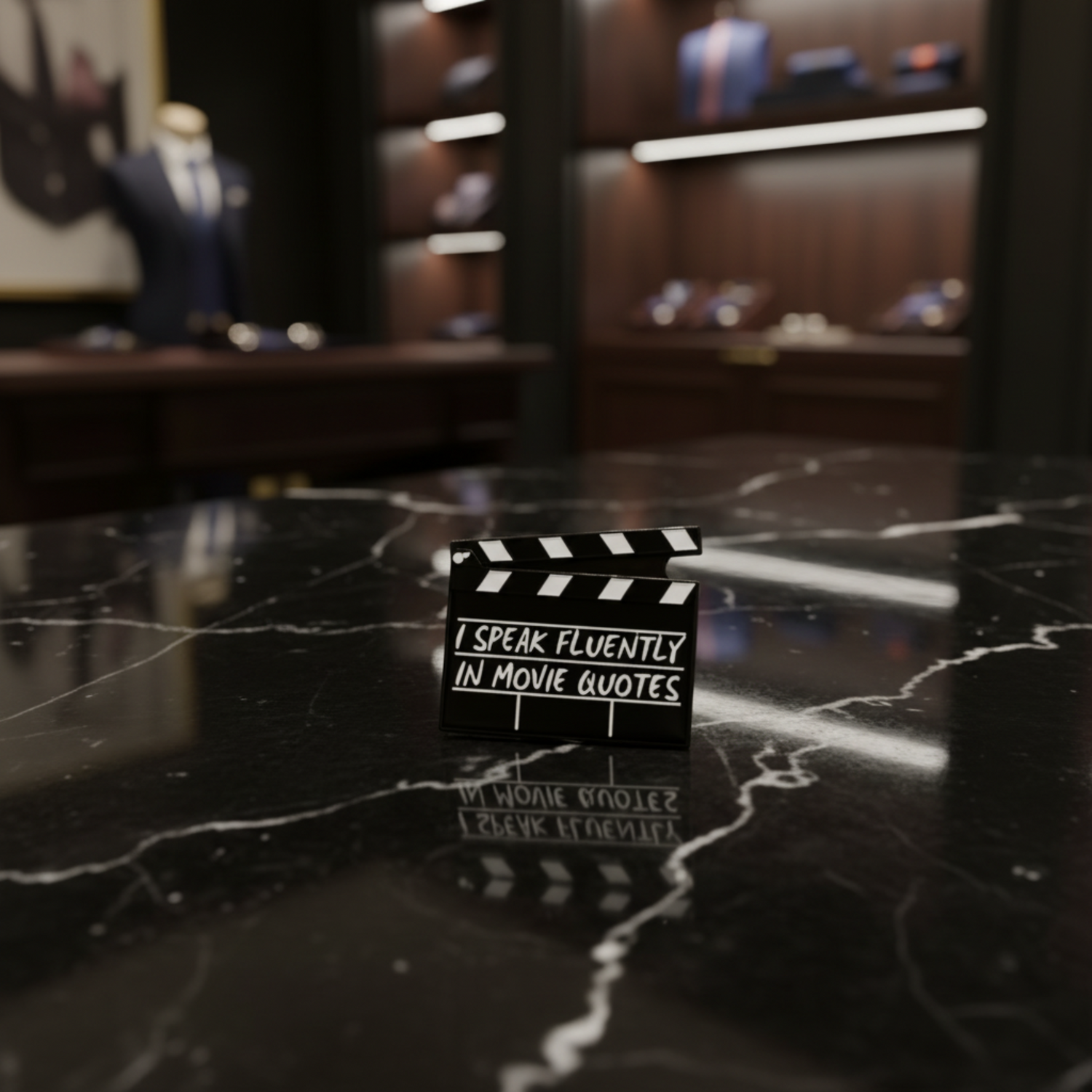 A black clapperboard-shaped enamel pin with white text reading 'I SPEAK FLUENTLY IN MOVIE QUOTES' on a white background. 