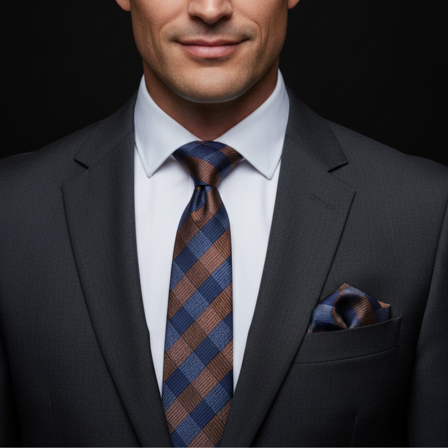 Man wearing a navy suit with a plaid tie and pocket square on a gray background