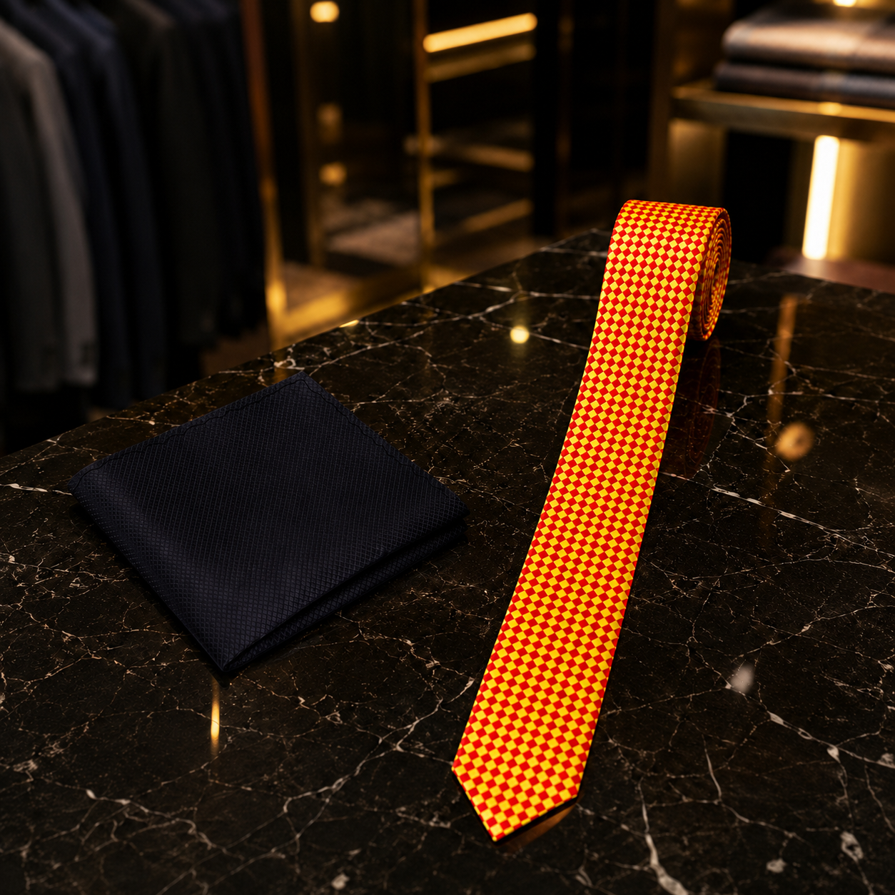 red yellow check tie and black square on table