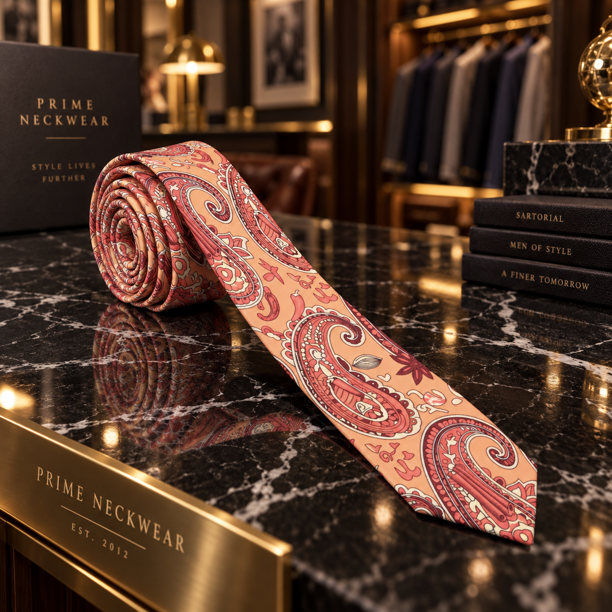 A rolled and flat-laid patterned necktie with a red, pink, and beige paisley design on a black marble surface, with a branded Prime Neckwear box and books in a luxury retail setting.