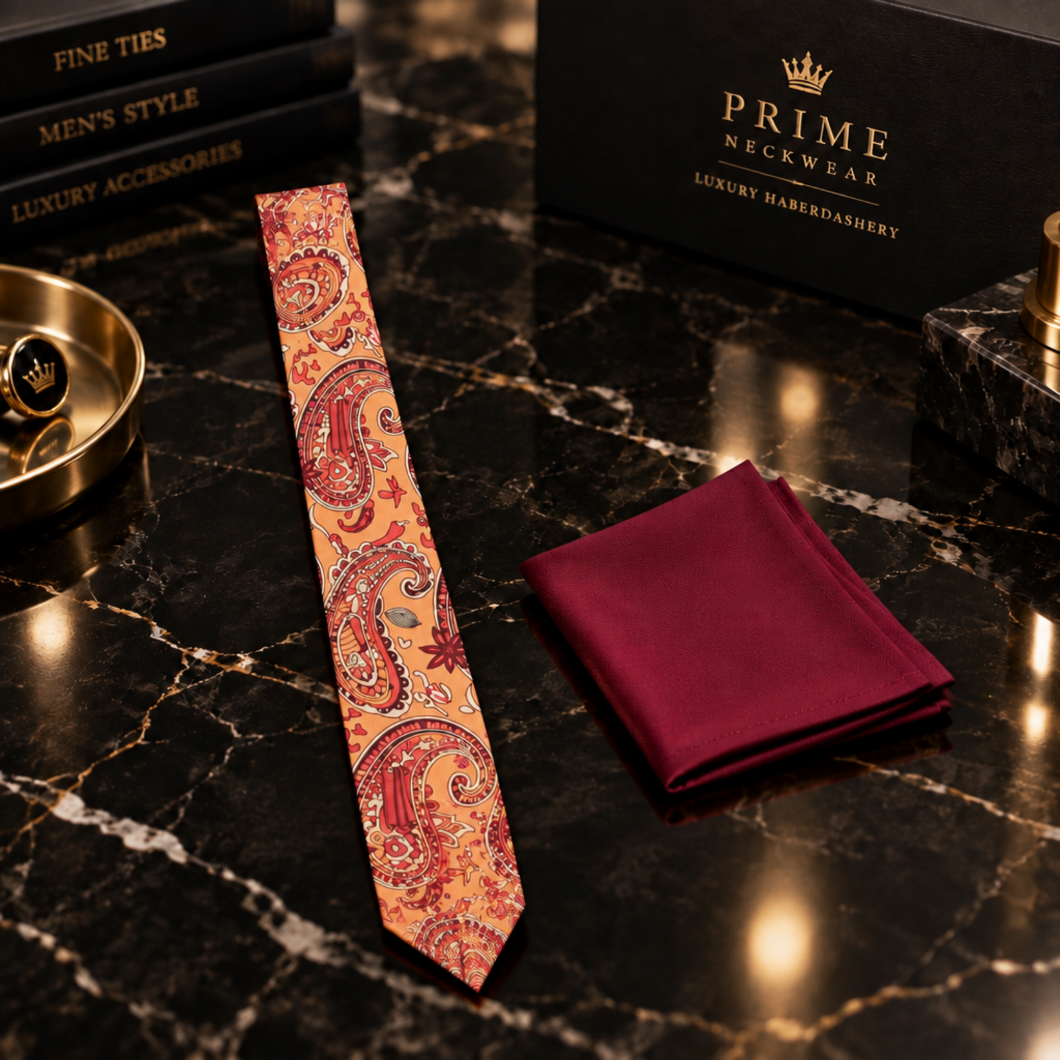 A men's necktie with a red and orange paisley pattern, styled on a white dress shirt and black suit jacket, with a matching textured burgundy pocket square.
