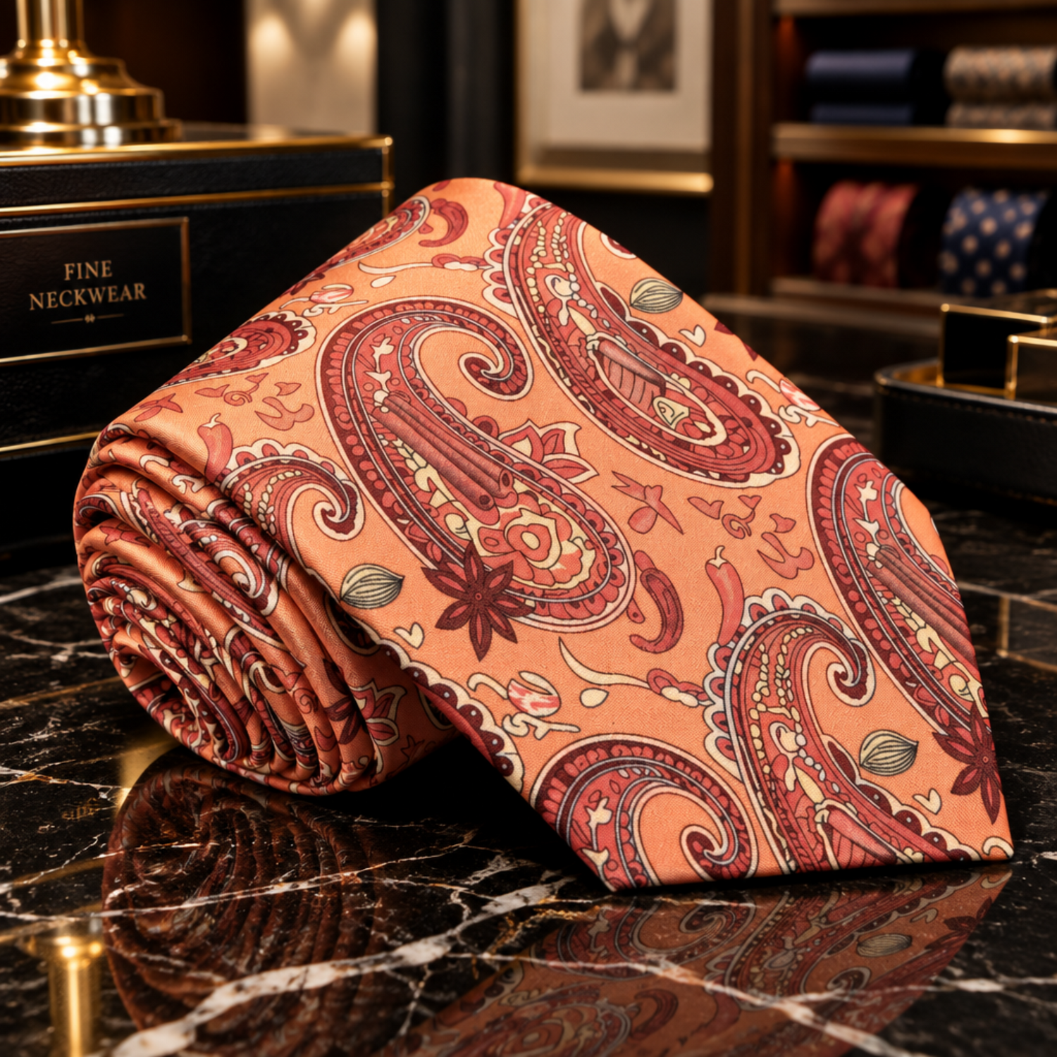 A rolled necktie featuring a detailed paisley pattern in shades of red, pink, and beige on a peach background, 