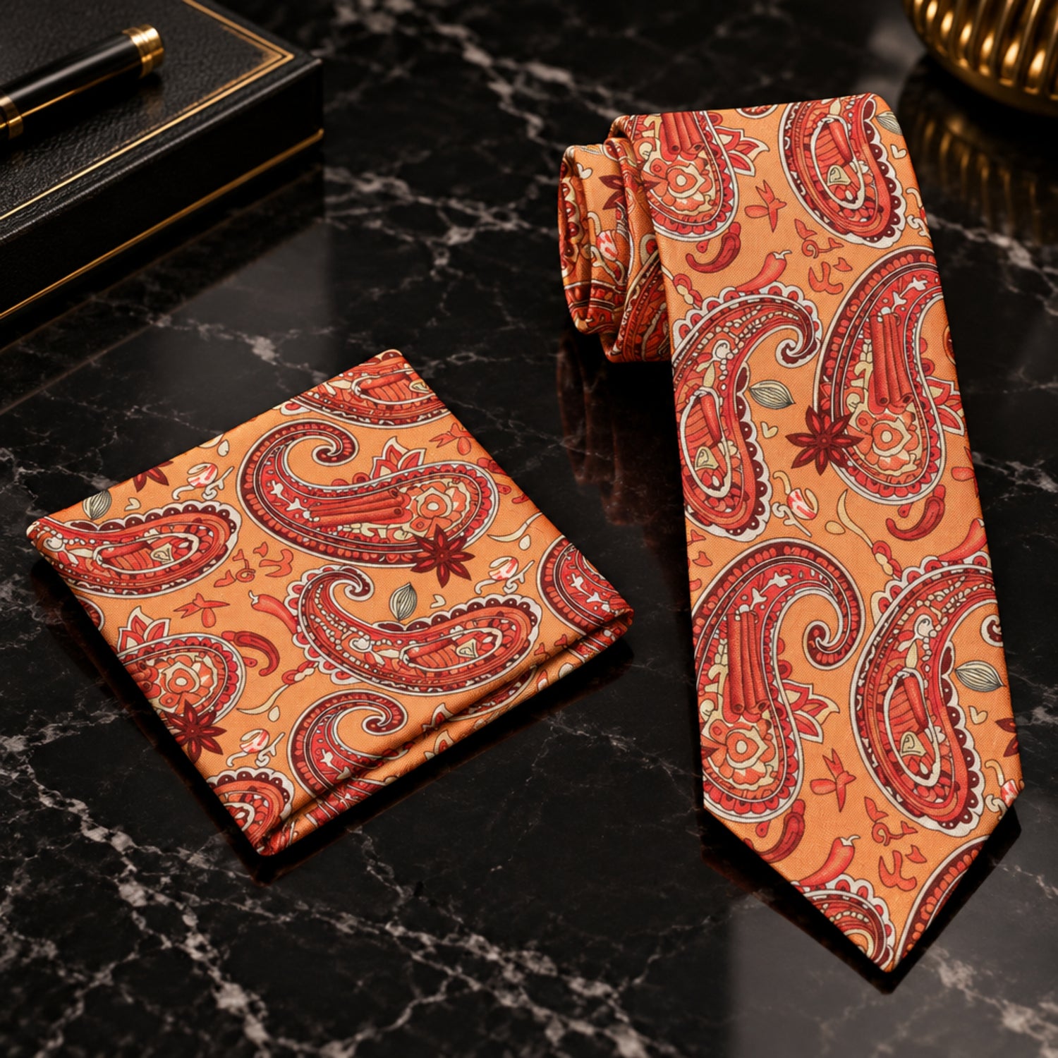 A men's necktie and matching pocket square set with a vibrant orange and red paisley pattern 