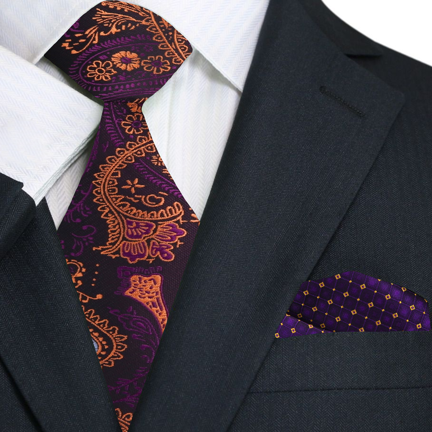 Main: Purple, Orange Paisley Tie and Accenting Purple Check Pocket Square