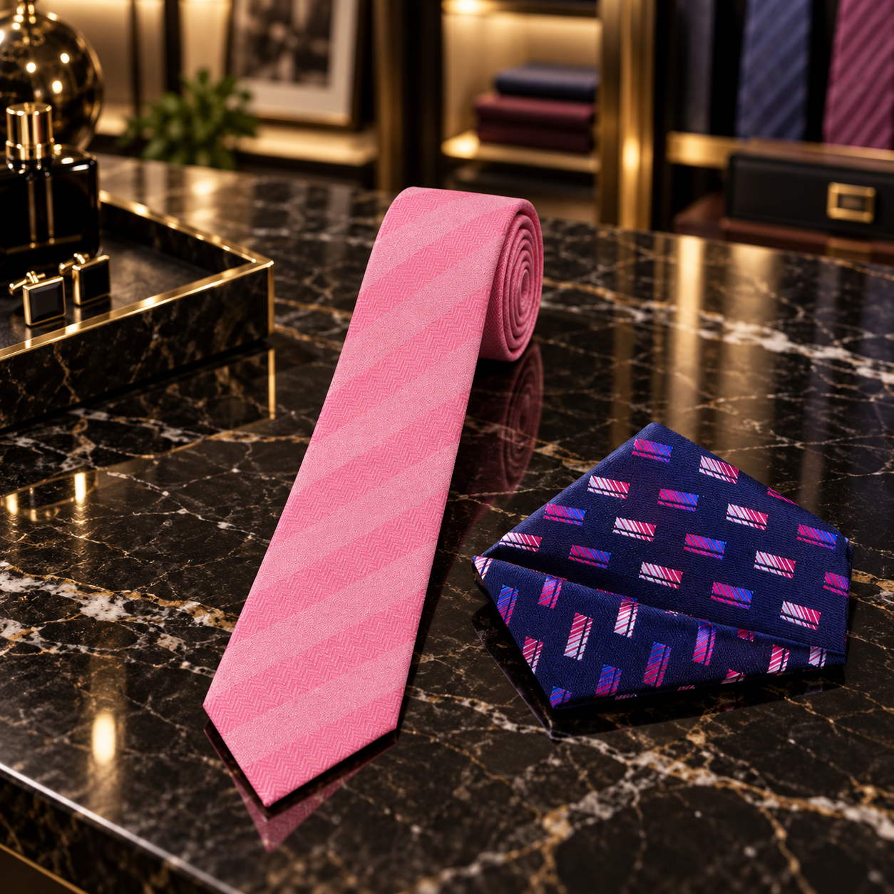 thin pink solid with stripe texture tie and accenting square