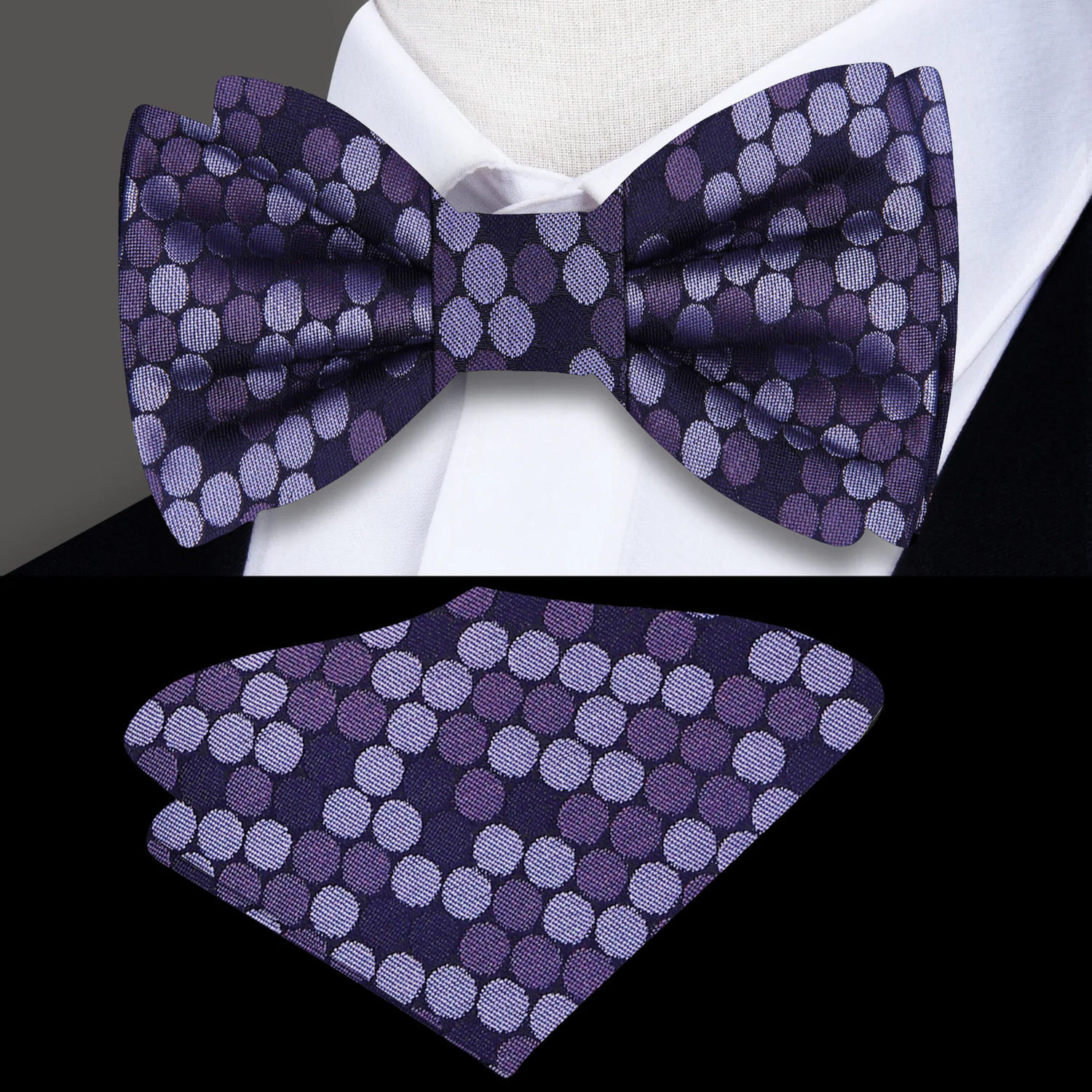 shades of purple polka dot bow tie and square