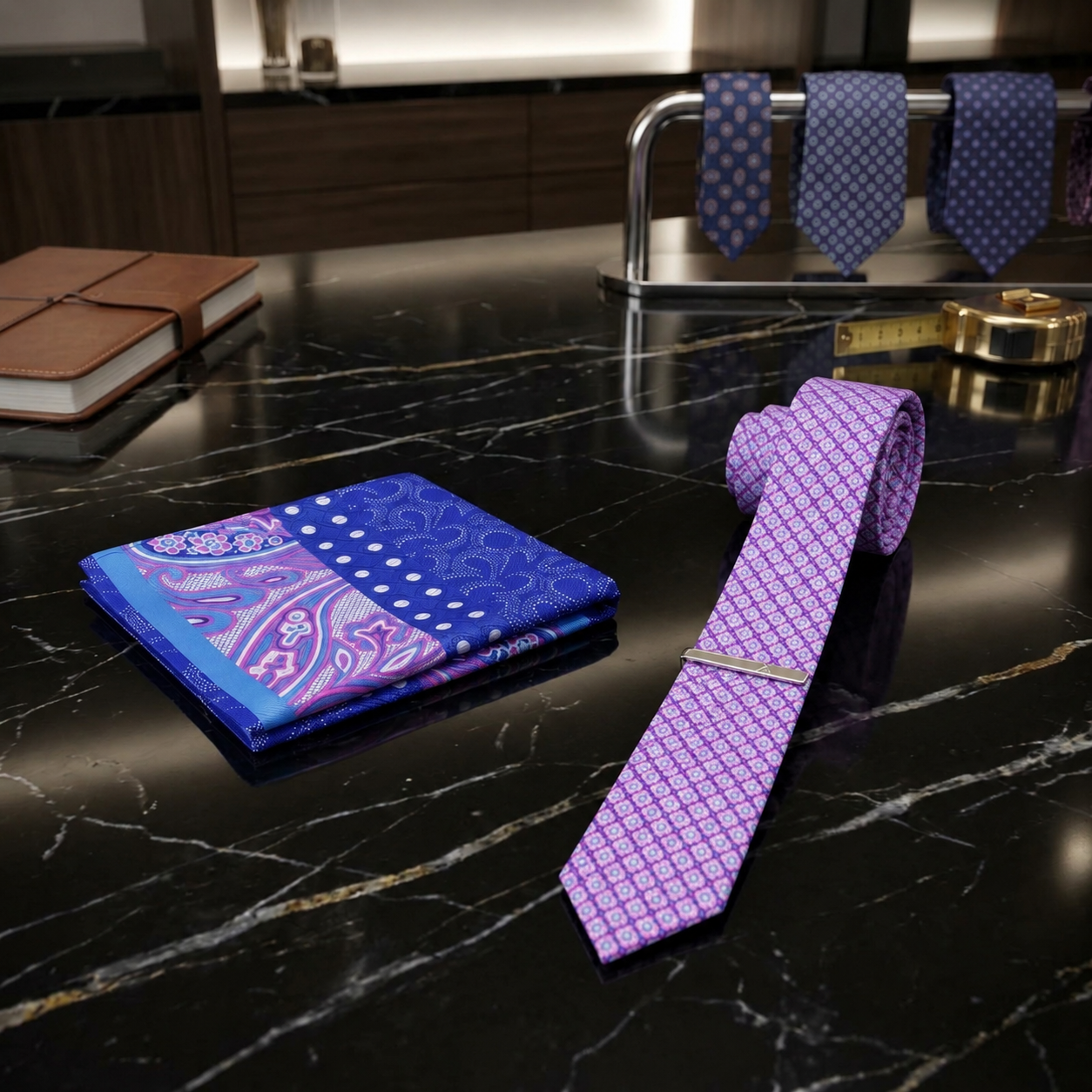 purple pink and blue geometric thin tie and accenting square