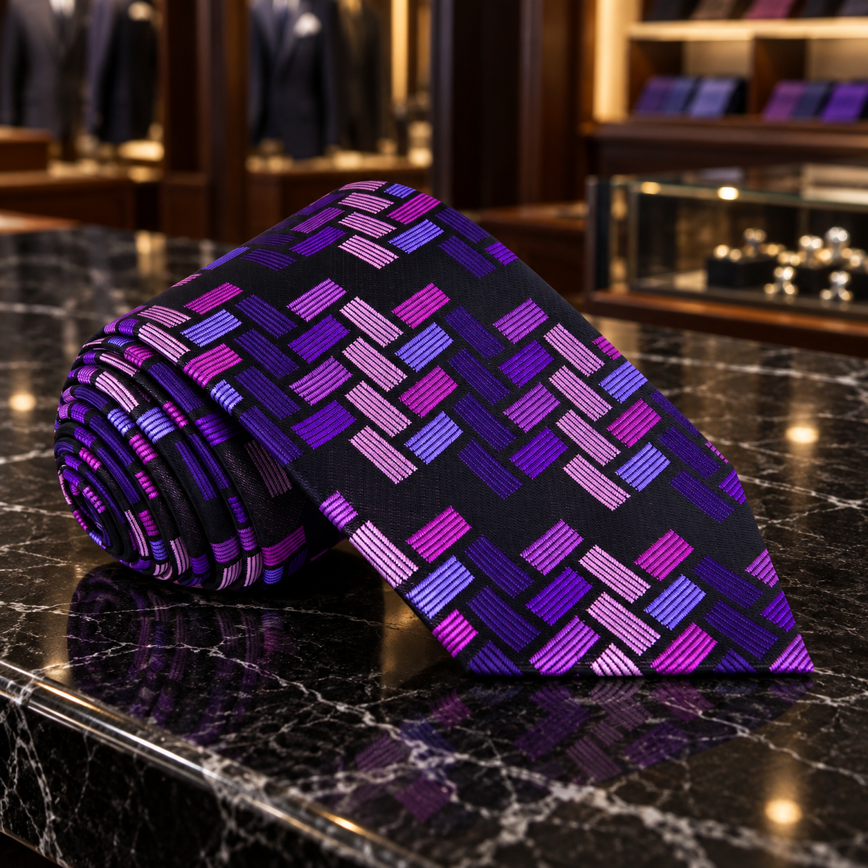 Geometric Block Necktie in Red, Yellow, Orange, Purple, and Green Colorways
