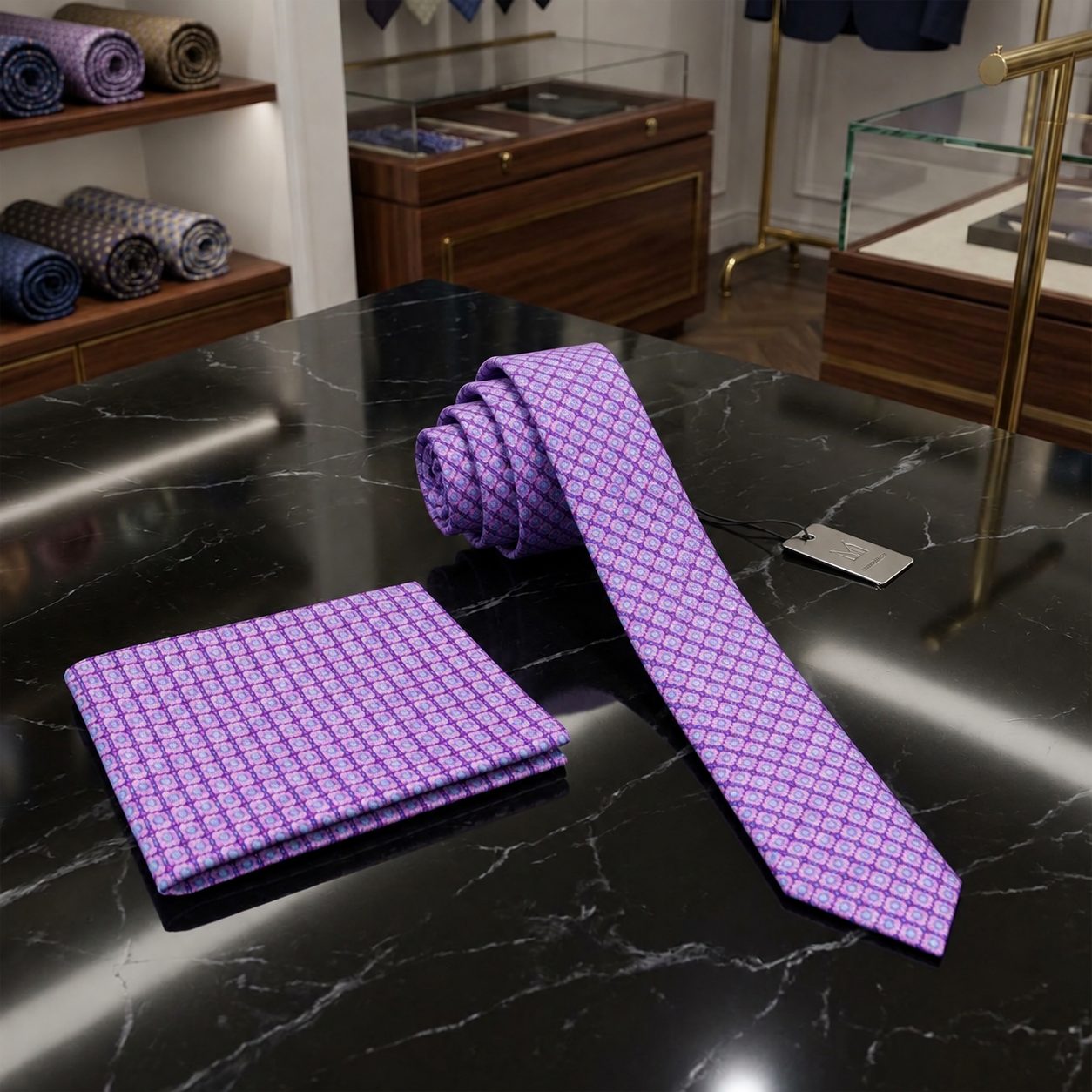 purple pink and blue geometric thin tie and square