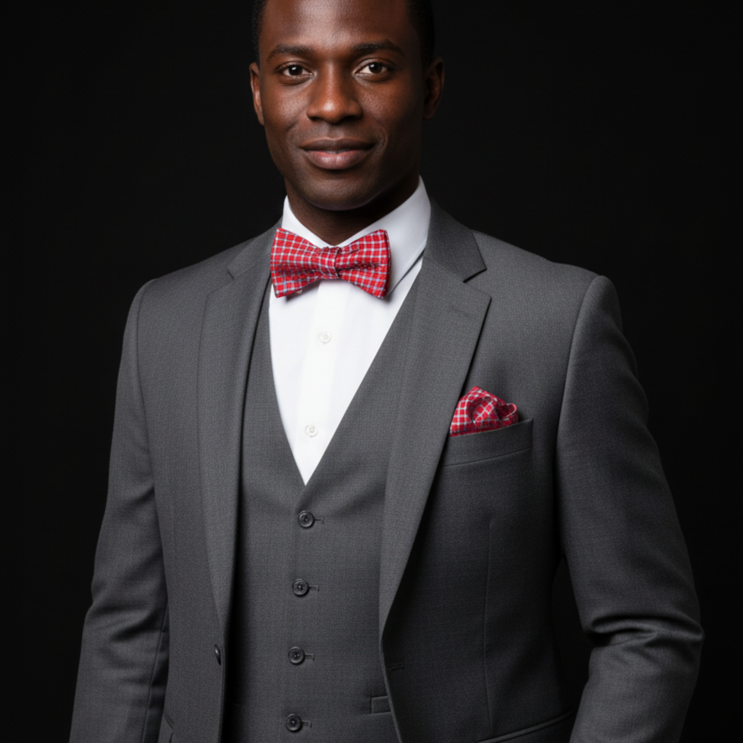 Red patterned bow tie and pocket square set on a man with a suit