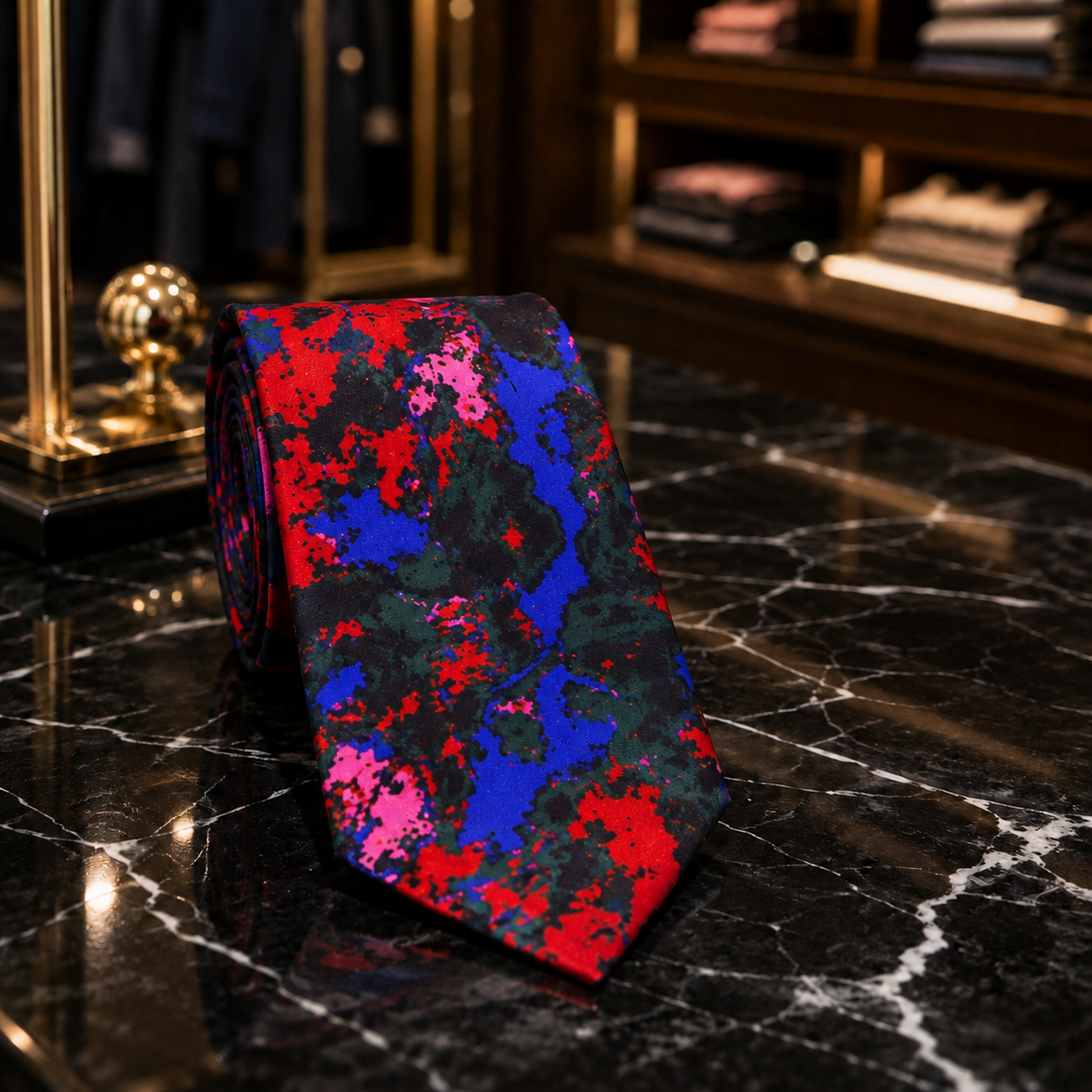 A rolled necktie with a bold abstract pattern in red, blue, black, and pink, displayed on a polished black marble surface in a luxury retail setting.