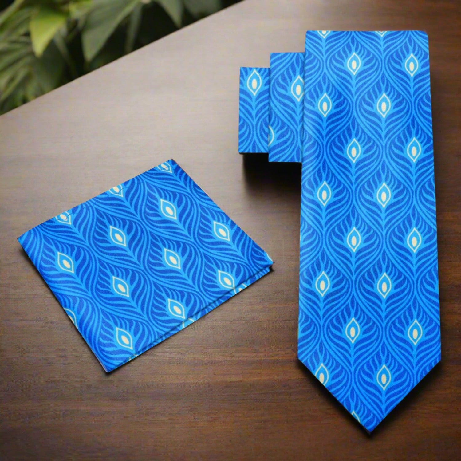 Blue Yellow Abstract Necktie and Mathcing Square