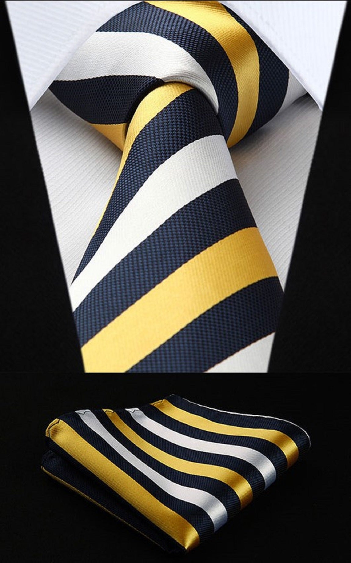 Yellow, Blue, White Stripe Tie and Pocket Square||Yellow, Navy, White