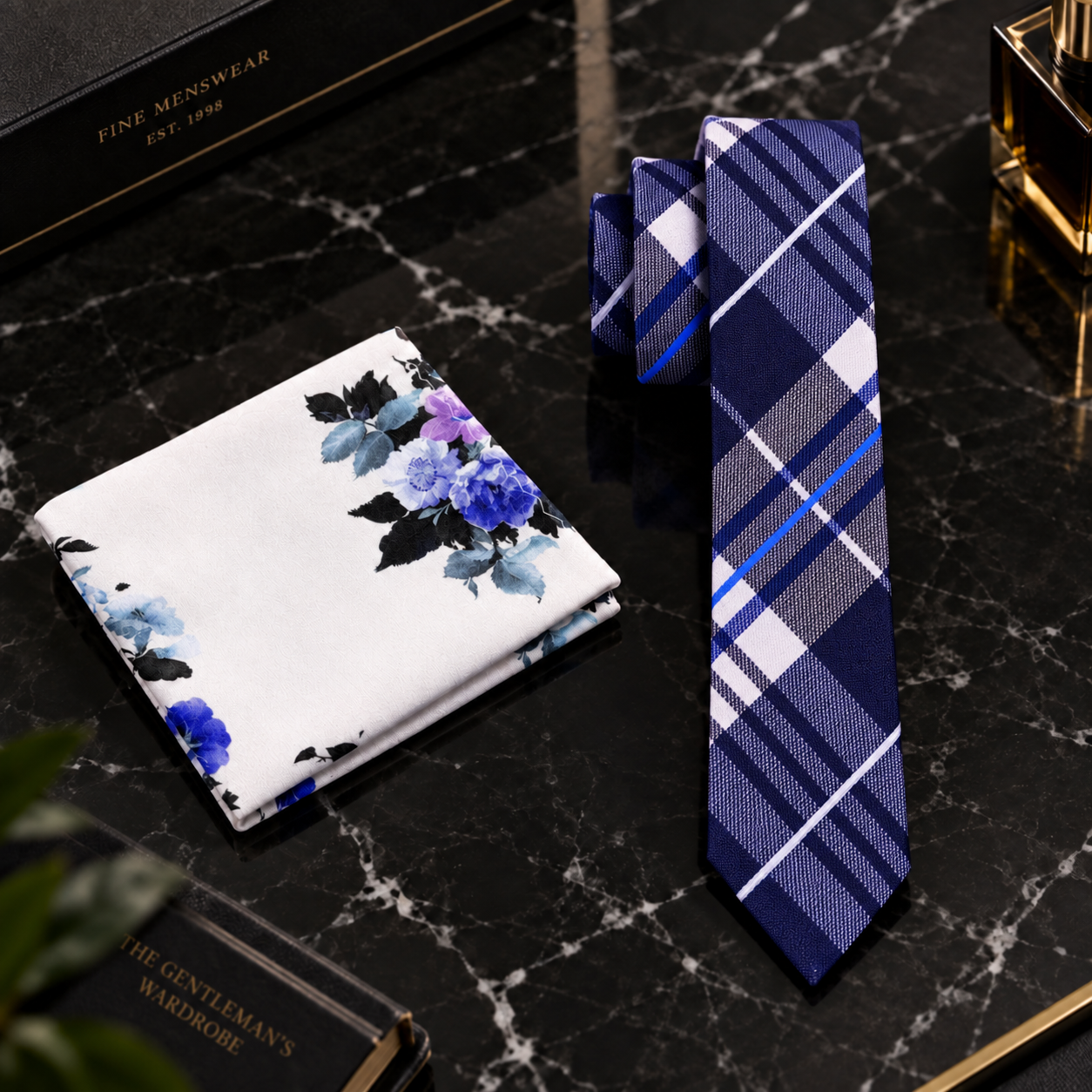 blue plaid thin tie and accenting square