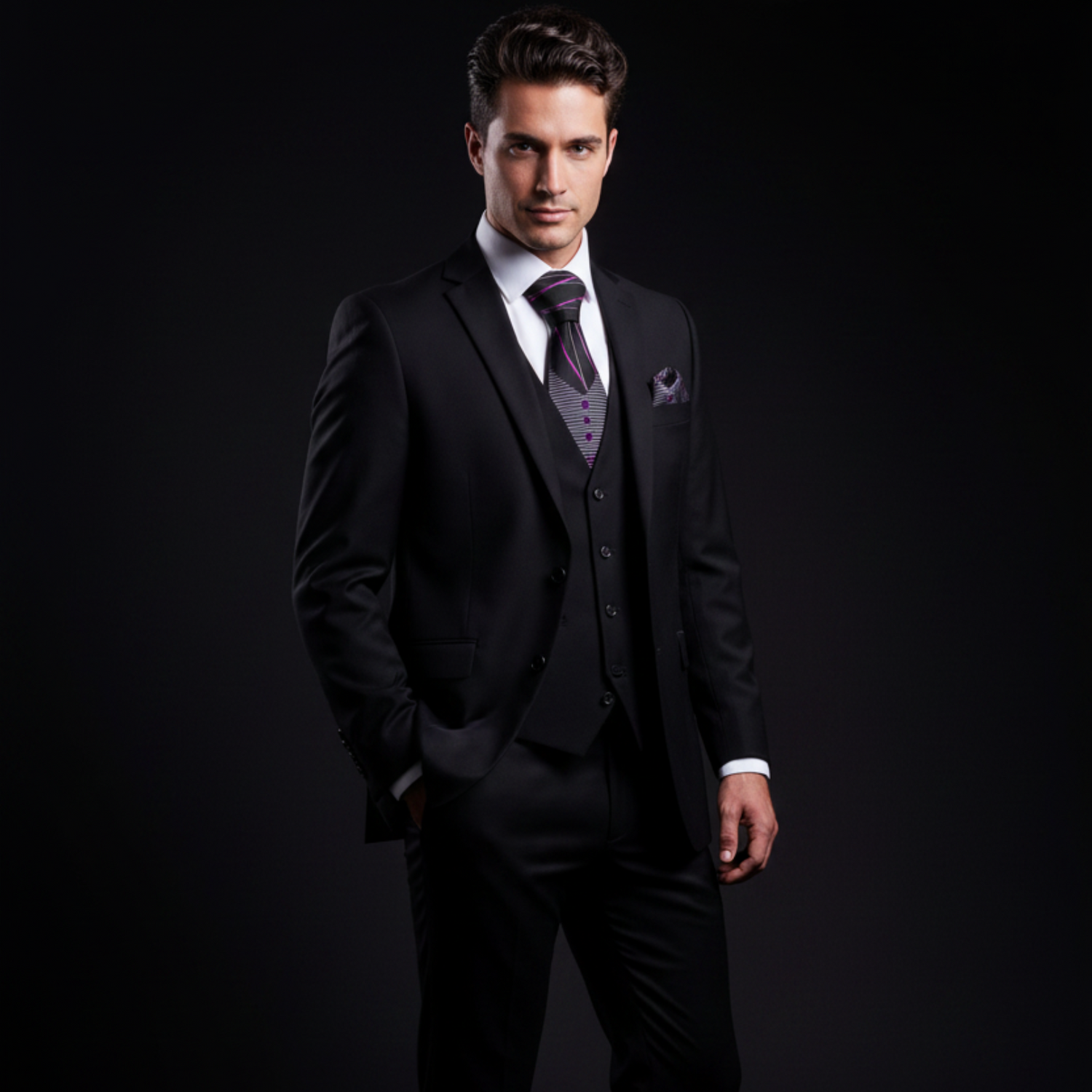 Man wearing a black suit with a purple tie against a dark background