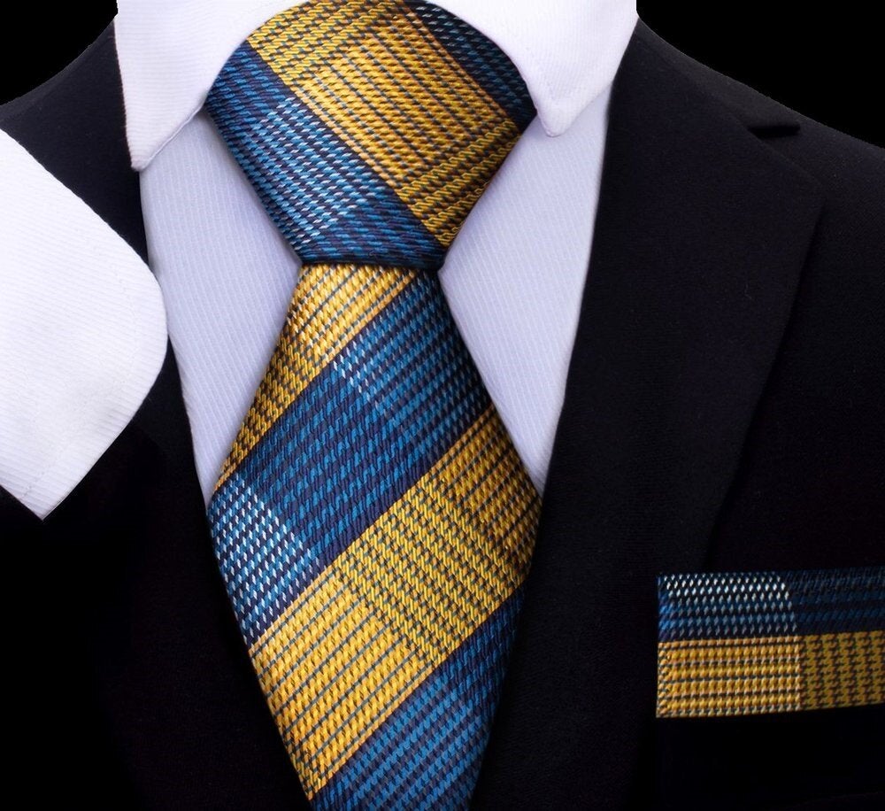 Yellow and Blue Plaid Tie and Pocket Square