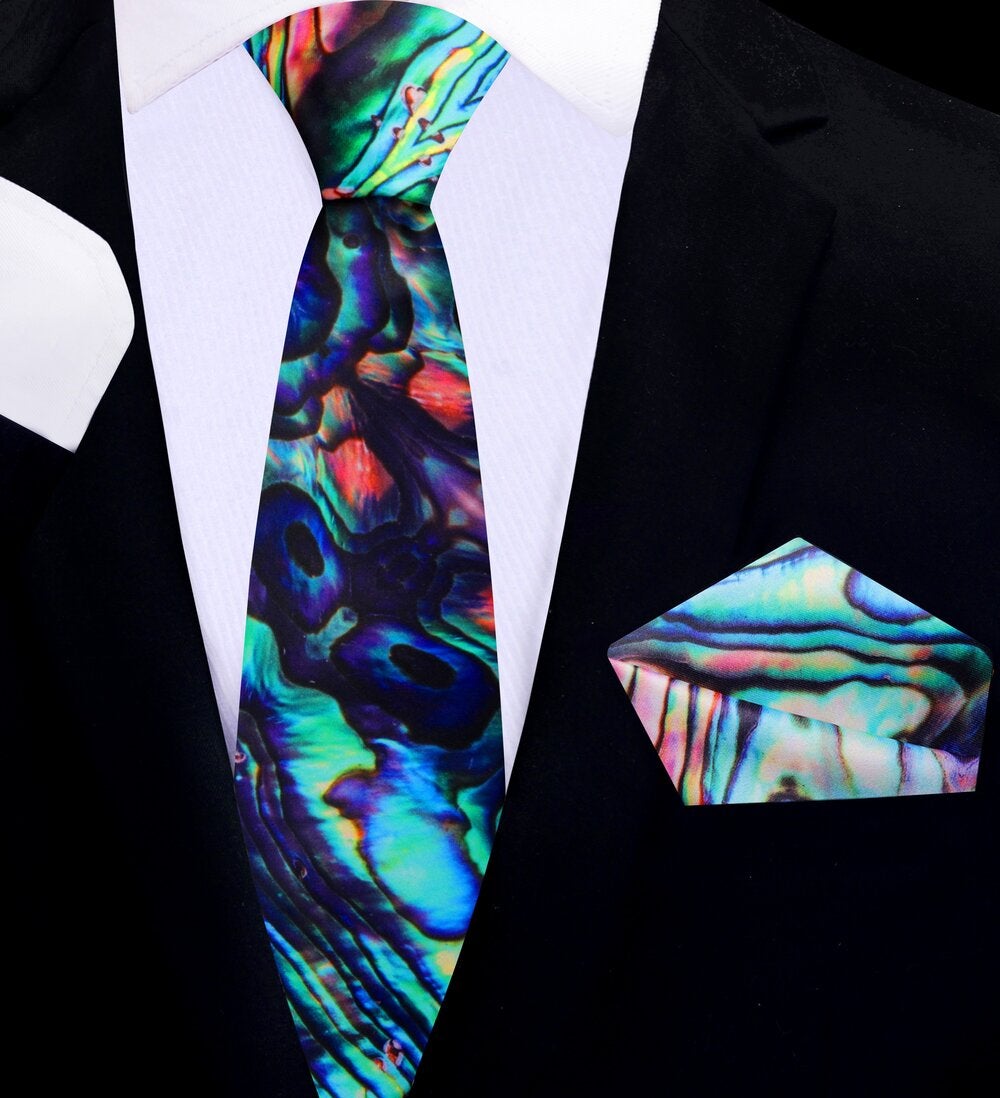 thin tie view Black, pink, blue, purple, green, yellow agate pattern tie and square