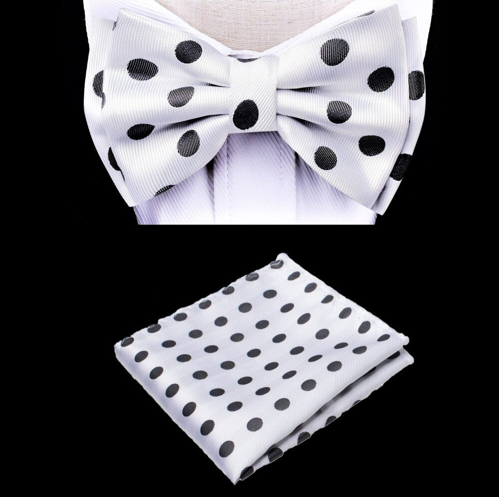 A White, Black Color Polka Dot Pattern Silk Kids Pre-Tied Bow Tie, Matching Pocket Square