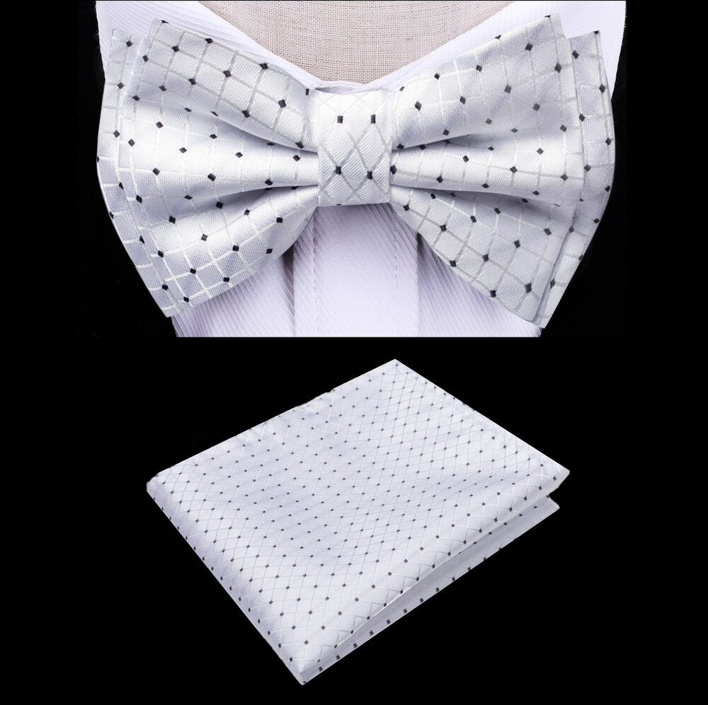A White, Black Color Geometric Check Texture Pattern Silk Kids Pre-Tied Bow Tie, Matching Pocket Square 